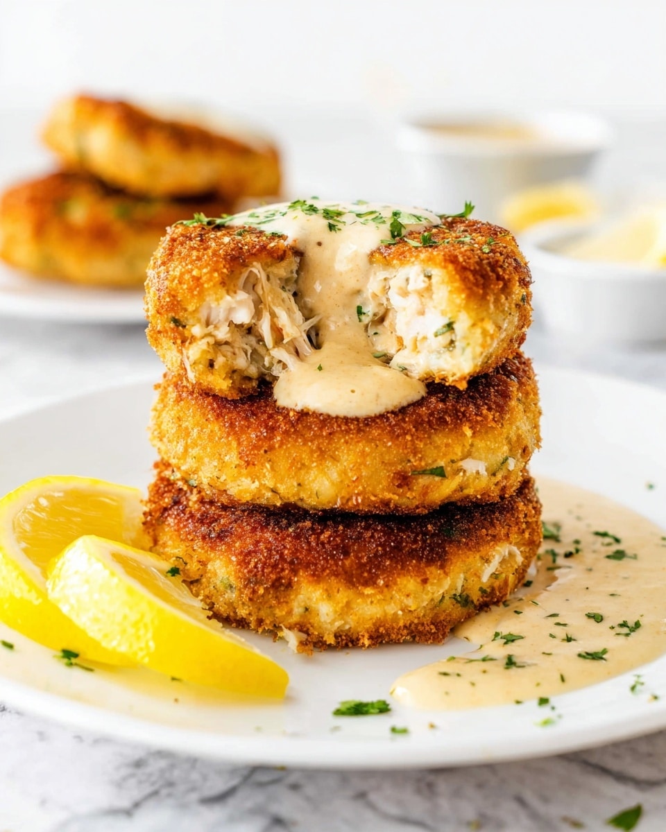 Three fried golden brown crab cakes are stacked on a white plate on a white marbled surface. The top crab cake is halved, showing a creamy white inside with small green herb pieces. A thick light beige sauce is spread over the top half of the crab cake. Small green herbs are scattered on the plate near the crab cakes. A lemon wedge with a bright yellow rind and juicy inside sits in front of the stack. In the blurred background, more crab cakes with a dollop of white sauce and a small white cup of sauce are visible. photo taken with an iphone --ar 4:5 --v 7