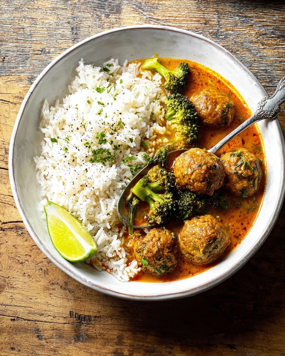 A white bowl filled halfway with fluffy white rice speckled with black pepper and small green herbs, beside a rich orange curry with five golden-brown meatballs and bright green broccoli florets partially submerged in the sauce. A wedge of lime rests at the edge of the bowl. A silver spoon scoops some rice and curry from the side. The bowl sits on a textured wooden surface. Photo taken with an iphone --ar 4:5 --v 7