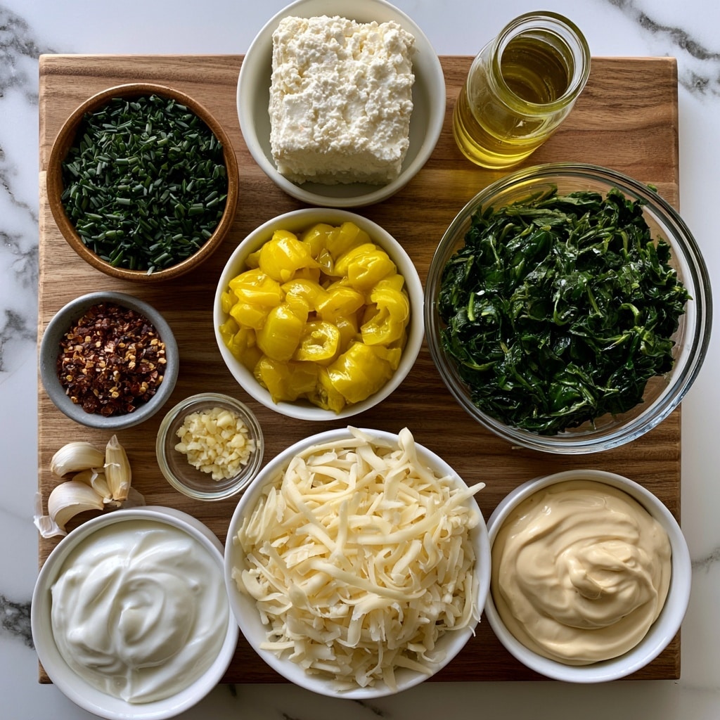 The image shows a top view of several bowls arranged on a wooden board placed on a white marbled surface. At the center top is a white bowl holding a solid block of white feta cheese with a rough texture. To the right is a small glass jar filled with clear golden olive oil. Below that, a clear glass bowl contains dark green cooked spinach with a slightly wilted and leafy texture. In the center left, a white bowl is filled with bright yellow sliced pepperoncini peppers, which have a shiny and soft look. To the left of that is a small brown bowl with finely chopped dark green chives. Below the pepperoncini is a small grey bowl holding coarse red pepper flakes. There are a few peeled garlic cloves and a small round glass bowl with light crushed garlic near the pepper flakes. At the bottom, a white bowl with shredded pale white mozzarella cheese is visible. Next to it on the right is another white bowl filled with beige colored mayo. In the bottom left corner, a white bowl contains smooth white Greek yogurt. All bowls are set on a wooden board against the white marbled surface. Photo taken with an iphone --ar 4:5 --v 7