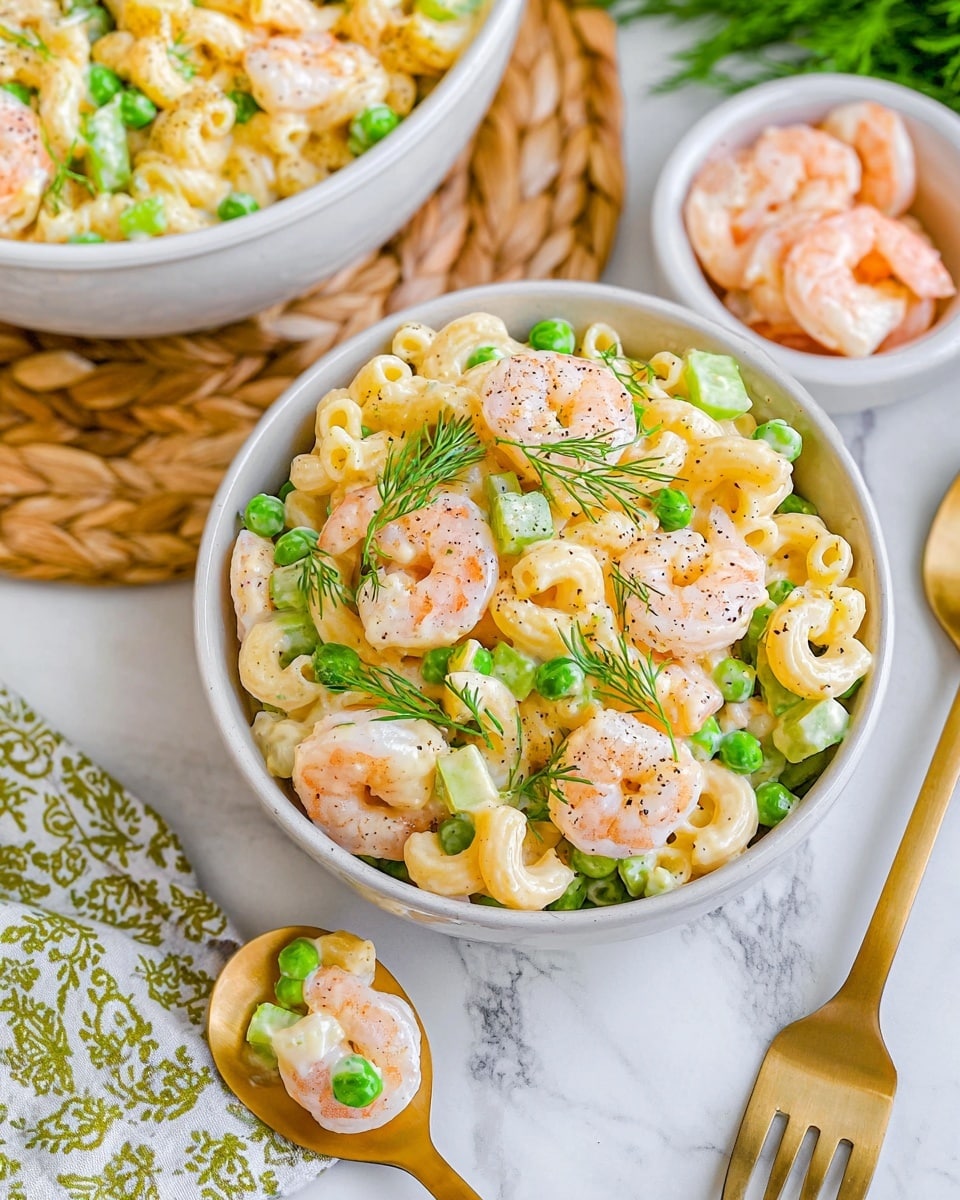 A white bowl holds a colorful shrimp pasta salad with three main layers: creamy macaroni pasta in light yellow, bright green peas and celery pieces, and pink shrimp on top sprinkled with fresh dill and black pepper. Next to the bowl, there is a small white bowl with extra shrimp, and a gold spoon with a portion of the salad rests on a white marbled surface. A woven round mat is seen under a larger white bowl with more salad in the background. Photo taken with an iphone --ar 4:5 --v 7