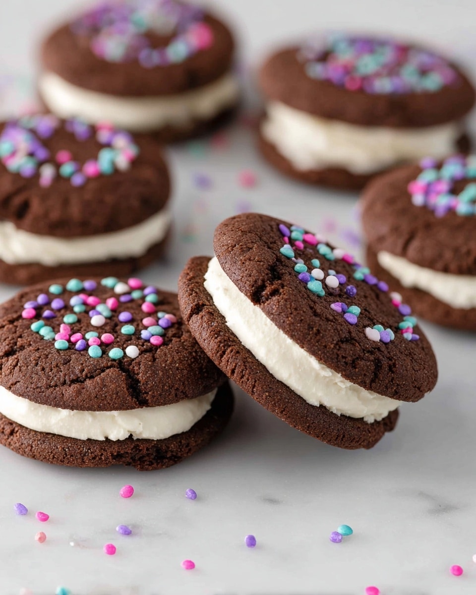 The image shows several sandwich cookies on a white marbled surface. Each cookie has two dark brown, cracked chocolate layers with a smooth white cream filling in the middle. One cookie in focus has colorful round sprinkles in purple, pink, blue, and white stuck on the cream layer, adding bright, small dots of color around the edge. The cookies look soft with a slightly rough texture on top and are arranged close together. Some sprinkles are scattered on the surface around them. photo taken with an iphone --ar 4:5 --v 7
