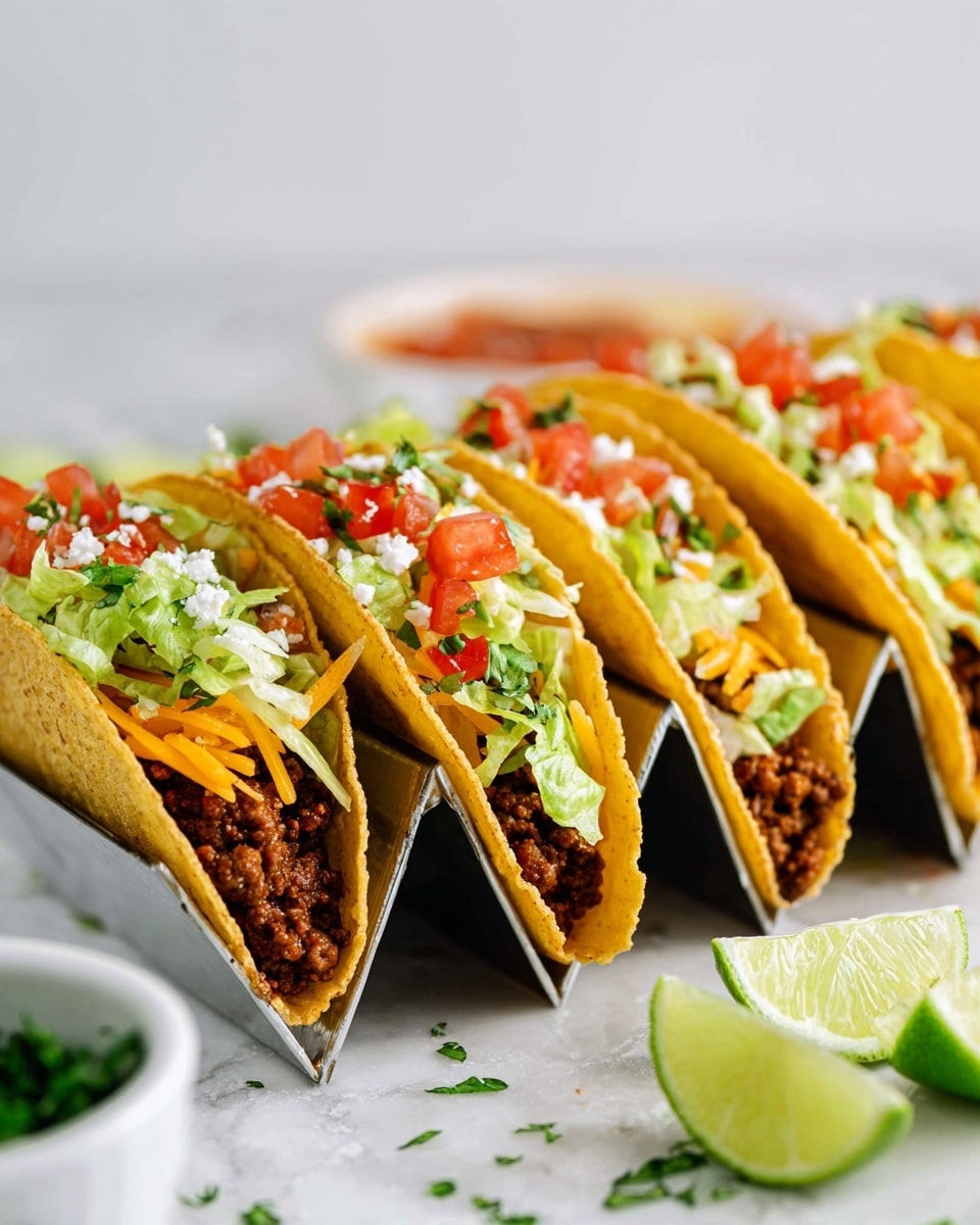 Three folded yellow corn taco shells stacked on top of each other slightly to the left on a white marbled surface, each filled with layers of brown meat, red chopped tomatoes, green lettuce, and white crumbled cheese. To the right, a white bowl filled with red chopped tomatoes. Above the tacos, a white bowl with white sour cream or sauce and a cut lime half beside it. Scattered green herbs around the tacos. Below and to the right, some tacos with melted cheese and beans placed inside a silver taco holder. Photo taken with an iphone --ar 4:5 --v 7