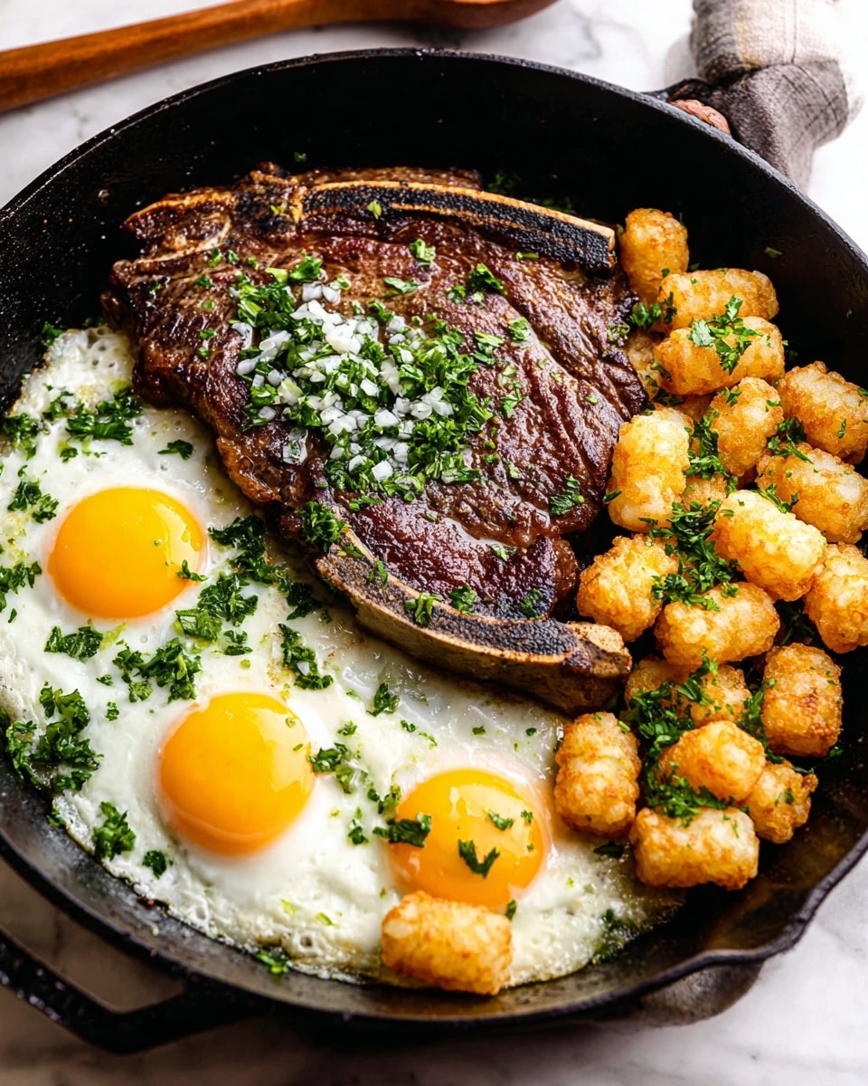 A black cast iron pan holds a visually rich breakfast with three sunny-side-up eggs on the left, their bright yellow yolks contrasting with the white cooked edges, sprinkled with fresh green chopped parsley. Centered in the pan is a large, browned T-bone steak with a visible bone at the top center, also topped with scattered parsley. On the right are golden brown tater tots, grouped together and garnished lightly with parsley, all resting on the black pan sitting on a white marbled surface with some wooden board elements blurred in the background. photo taken with an iphone --ar 4:5 --v 7
