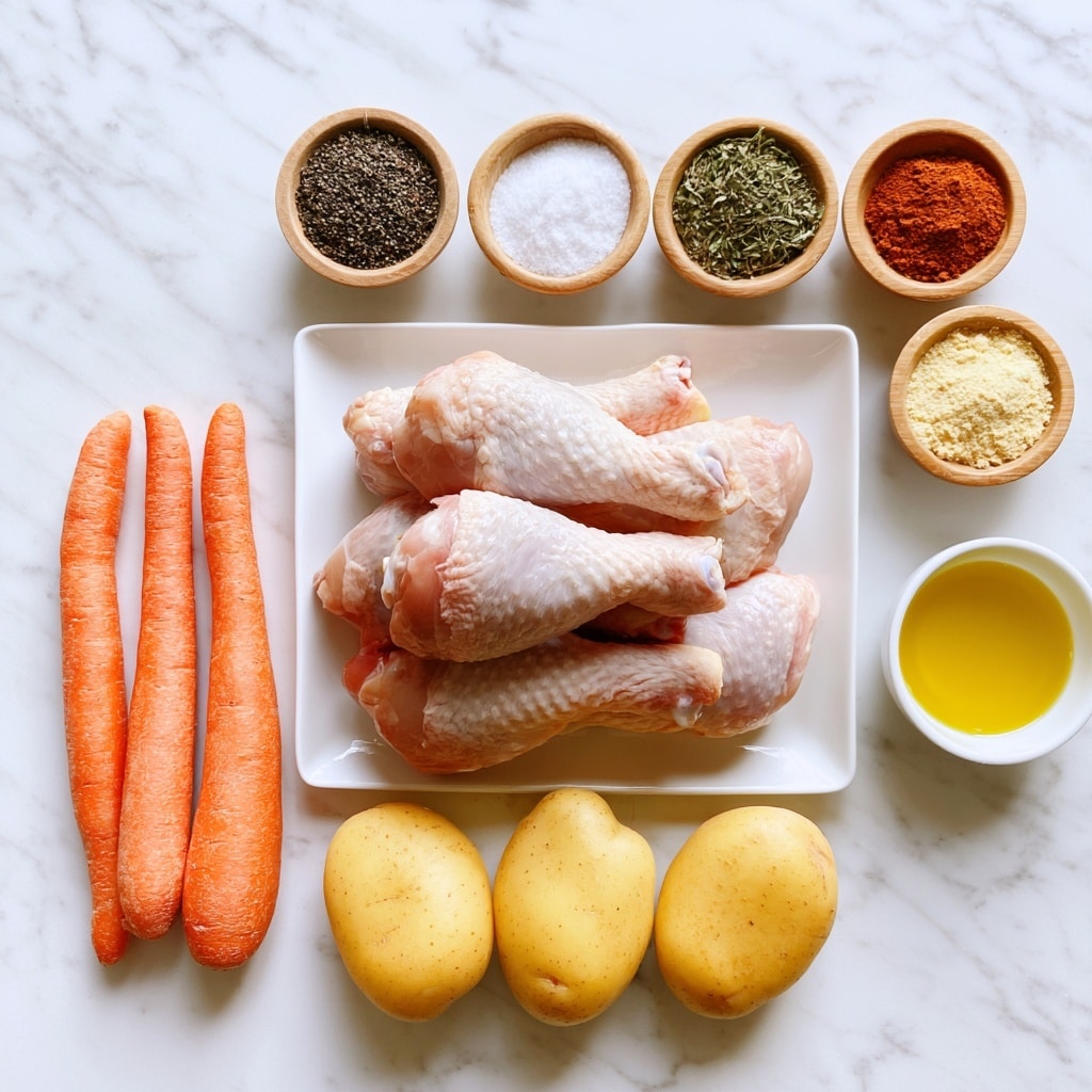 The image shows ingredients arranged neatly on a white marbled surface. At the center bottom, there are three yellow potatoes placed side by side, with a white rectangular plate above them holding six raw chicken drumsticks stacked and overlapping each other. To the left side, three whole orange carrots lay vertically. Surrounding the main items are small wooden bowls containing different spices: black pepper in the top left, white salt next to it on the right, green thyme further right, reddish paprika below thyme, and light yellow garlic powder below paprika. On the right side, a small white bowl holds a bright yellow liquid, olive oil. Above the carrots and next to the pepper bowl, each item is labeled with bold, black, simple text naming the ingredient. photo taken with an iphone --ar 4:5 --v 7