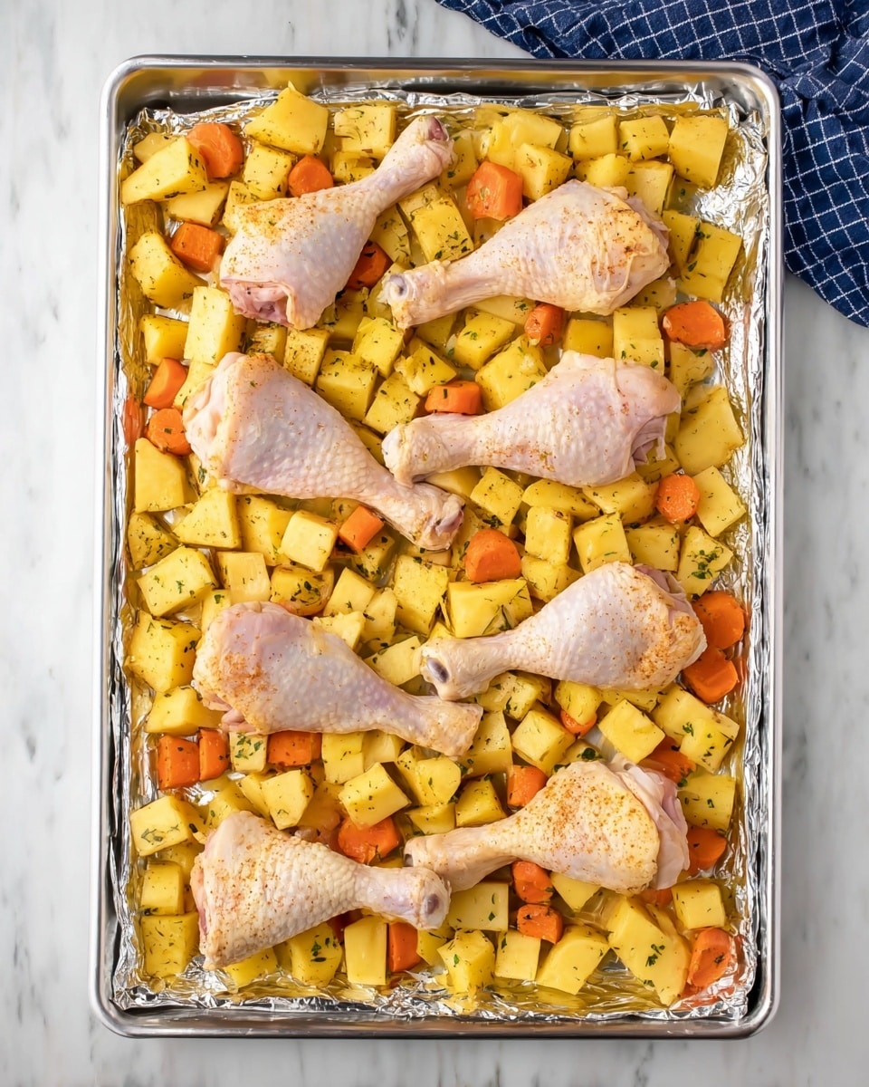 A large rectangular silver baking tray lined with crinkled foil holds pieces of raw chicken legs and chopped vegetables. There are eight chicken legs placed in two vertical rows, each leg pale pink with a slight sprinkle of seasoning. The chicken sits on a bed of cubed yellow potatoes and orange carrot slices, all evenly spread across the tray. The vegetables have a light dusting of herbs and seasoning, giving a speckled texture on their smooth surfaces. The tray is set on a white marbled surface with a blue checkered cloth visible in the top right corner. photo taken with an iphone --ar 4:5 --v 7