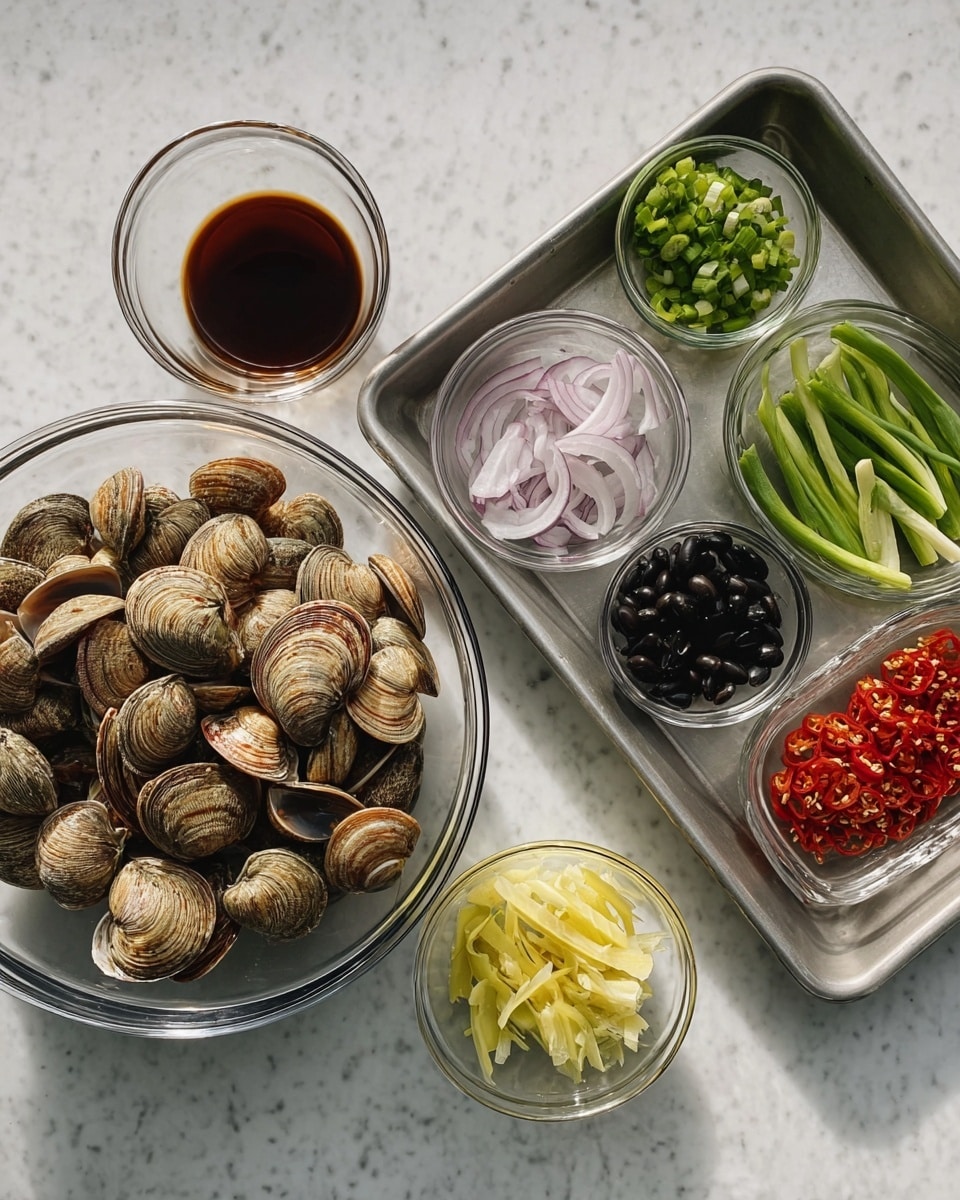 The image shows a clear glass bowl full of brown clams with distinct shell patterns on a white marbled surface. To the top right, there is a small clear glass bowl of green chopped green onions, and next to it, another small clear glass bowl filled with dark brown sauce. Below these, a metal tray contains five small clear glass bowls: the largest bowl on the left holds thinly sliced light purple onions; next to it, a smaller bowl of dark black beans; on the right, thin yellow strips of ginger; below, a bowl with pieces of green onion stalks, both light green and dark green; and the last bowl contains finely chopped red chili peppers. The setup is neat and organized, with natural lighting emphasizing the fresh ingredients, photo taken with an iphone --ar 4:5 --v 7