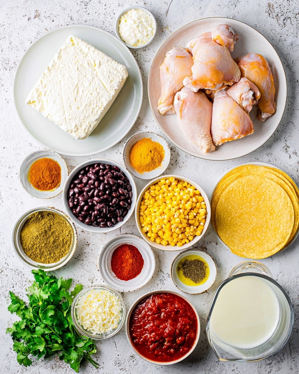 The image shows many ingredients arranged neatly on a white marbled surface. In the top left, there is a white plate with a large block of white cheese. Next to it, on the right, a white plate holds several raw chicken thighs with a pale pink and orange color. Below the cheese plate, there are small white bowls with different spices: yellow powder, red spice, and a light beige powder. In the center, a bowl filled with bright yellow corn kernels is next to a bowl of dark black beans. To the right, small white bowls hold red powder, olive oil, and chopped green chili peppers. At the bottom left, fresh green cilantro leaves sit alongside a small white bowl of salt and a small bowl with a brown spice mix. Nearby, there is a stack of yellow corn tortillas. Towards the center at the bottom, a glass jug contains a white creamy liquid. On the bottom right, a white bowl is filled with red salsa, and next to it is a bowl with crumbly white cheese. The ingredients are clearly displayed on the white marbled surface with good natural light. Photo taken with an iphone --ar 4:5 --v 7