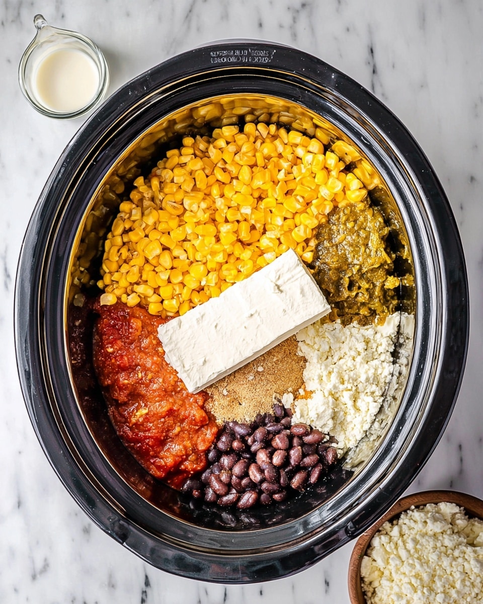 Inside a black slow cooker bowl, there are six visible layers arranged in a circle from top center to bottom. The top layer is bright yellow corn kernels, next to the right is a chunky green chilies layer, then a powdery light brown seasoning layer. Below the seasoning is a block of white cream cheese placed horizontally in the center. To the left of the cream cheese is thick red salsa, and the bottom layer filling most of the left and bottom sides is black beans. The background is a white marbled surface with a small glass cup of white sauce and a white bowl of crumbly white cheese near the bottom edge. Photo taken with an iphone --ar 4:5 --v 7