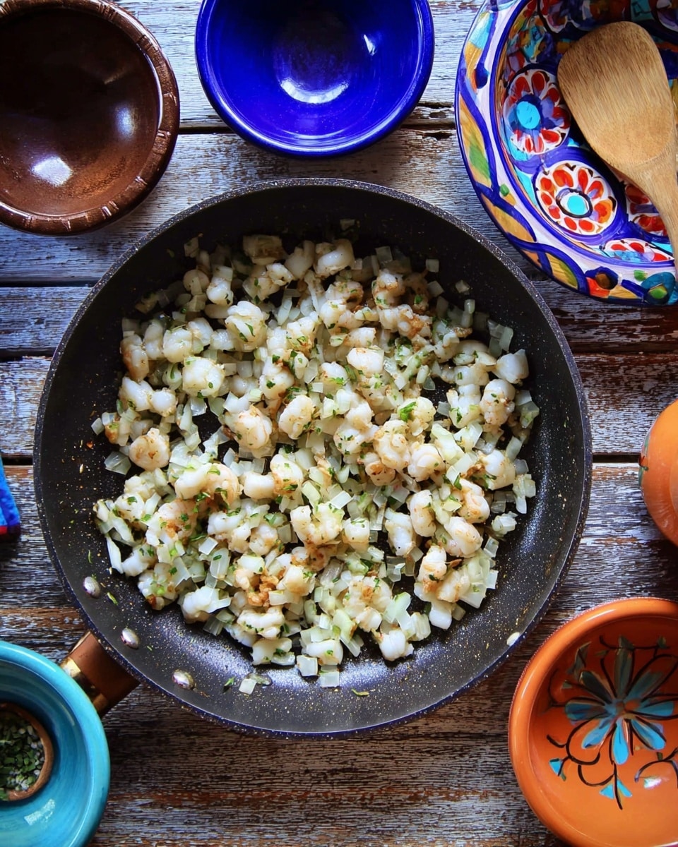 A black frying pan is filled with small pieces of white shrimp mixed with pale yellow onion and small bits of green herbs, all cooked together. The pan sits on a wooden table with a rough texture. Surrounding the pan are small bowls: one bright blue bowl with a dark brown inside on the left, an orange bowl with small flower patterns on the right, and part of a large blue bowl with colorful geometric and floral patterns in the top right corner. A wooden spoon rests on a dark blue small plate above the frying pan. photo taken with an iphone --ar 4:5 --v 7