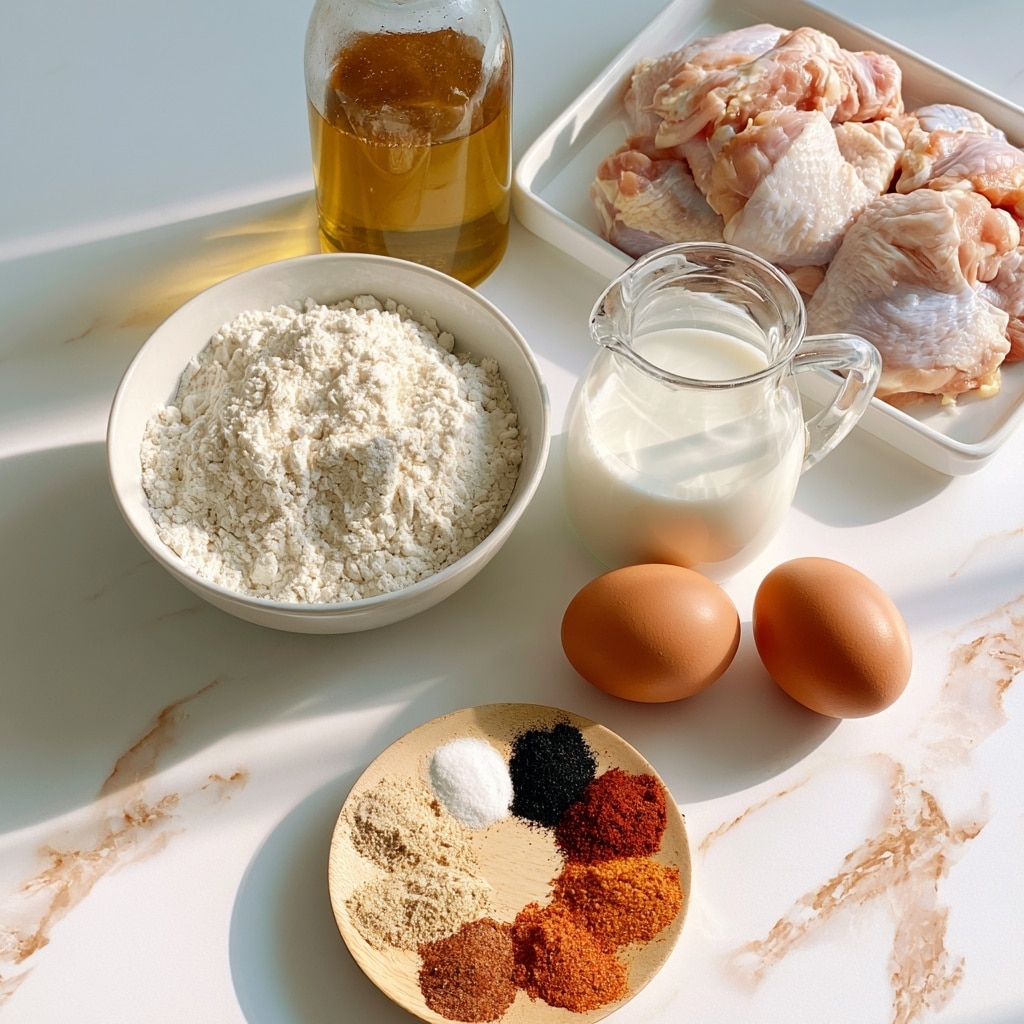 The image shows raw cooking ingredients arranged neatly on a white marbled surface. In the top right, there are several pieces of raw chicken with pale pink and white skin placed on a white rectangular tray. Next to the chicken, there is a clear glass bottle filled with golden oil. Below the bottle, a white bowl is filled with white flour, showing a fluffy, powdery texture. To the right of the bowl, a clear glass jug is filled with white buttermilk that has a smooth surface. In front of the jug, two brown eggs with smooth shells rest side by side on the marbled surface. At the bottom, a small wooden plate holds seven piles of different seasoning powders arranged in a circular pattern, with colors ranging from light beige, white, black, reddish, and orange. The whole setup is bright and clean, with soft natural light highlighting the textures. Photo taken with an iphone --ar 4:5 --v 7
