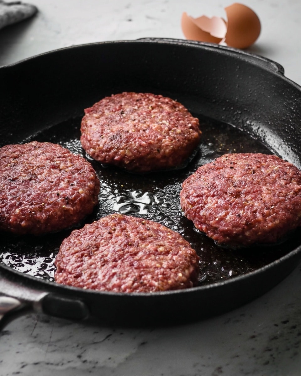 A close-up view of a black cast iron pan with four round, raw burger patties inside, each patty showing a rough texture and pinkish-brown color with small bits of seasoning visible. The pan surface is shiny with cooking oil reflecting light. In the background, part of a cracked eggshell is seen on a white marbled surface. Photo taken with an iphone --ar 4:5 --v 7