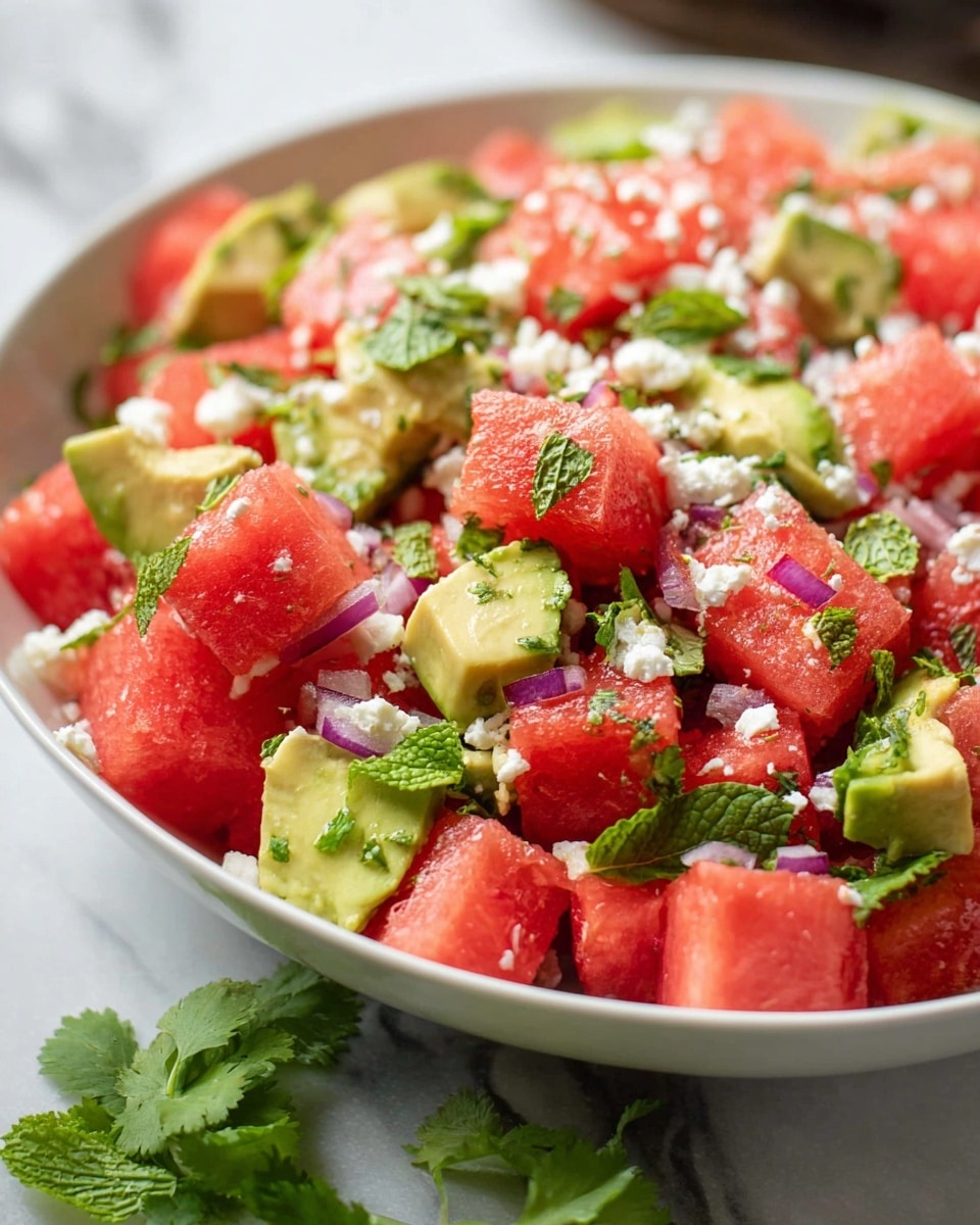 The image shows a white bowl filled with a colorful salad made of bright red watermelon cubes and light green avocado chunks mixed evenly. Small pieces of purple onion are scattered throughout the salad, adding hints of color along with white crumbled cheese on top. Fresh green herbs like mint leaves and cilantro are spread across the salad, giving a fresh and textured look. The bowl is placed on a white marbled surface with some cilantro leaves near the bottom. The overall look is fresh, vibrant, and juicy, with a mix of soft and crumbly textures photo taken with an iphone --ar 4:5 --v 7