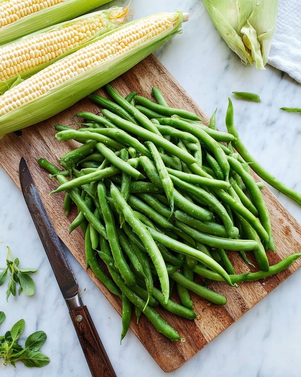 A wooden cutting board rests on a white marbled surface, covered with a large pile of fresh green beans with smooth skin, some showing light moisture. On the bottom left of the board, a knife with a dark wooden handle is partly visible, its blade touching the green beans. Two ears of corn with pale yellow and white kernels lie horizontally in the upper background. Small green herb leaves are placed near the top left and bottom right corners on the white marble surface. The scene is bright with natural light. photo taken with an iphone --ar 4:5 --v 7