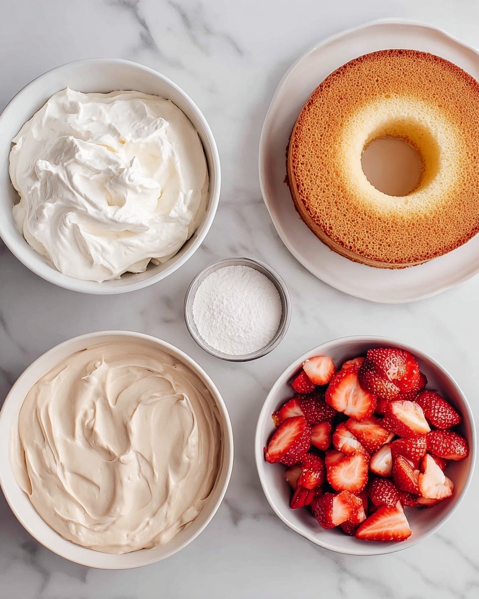 The image shows five white dishes on a white marbled surface, each holding a different ingredient for a dessert. The center dish holds a golden brown round sponge cake with a hole in the middle. Above it, a white bowl is full of thick white cream with a soft texture and swirled surface. To the right, a white bowl contains many sliced red strawberries with visible seeds and flesh. Below that bowl, a small white bowl holds a fine white powder, likely sugar. To the left of the cake, a large shallow white plate holds a beige creamy mixture spread evenly across its surface with a smooth texture. The photo taken with an iphone --ar 4:5 --v 7