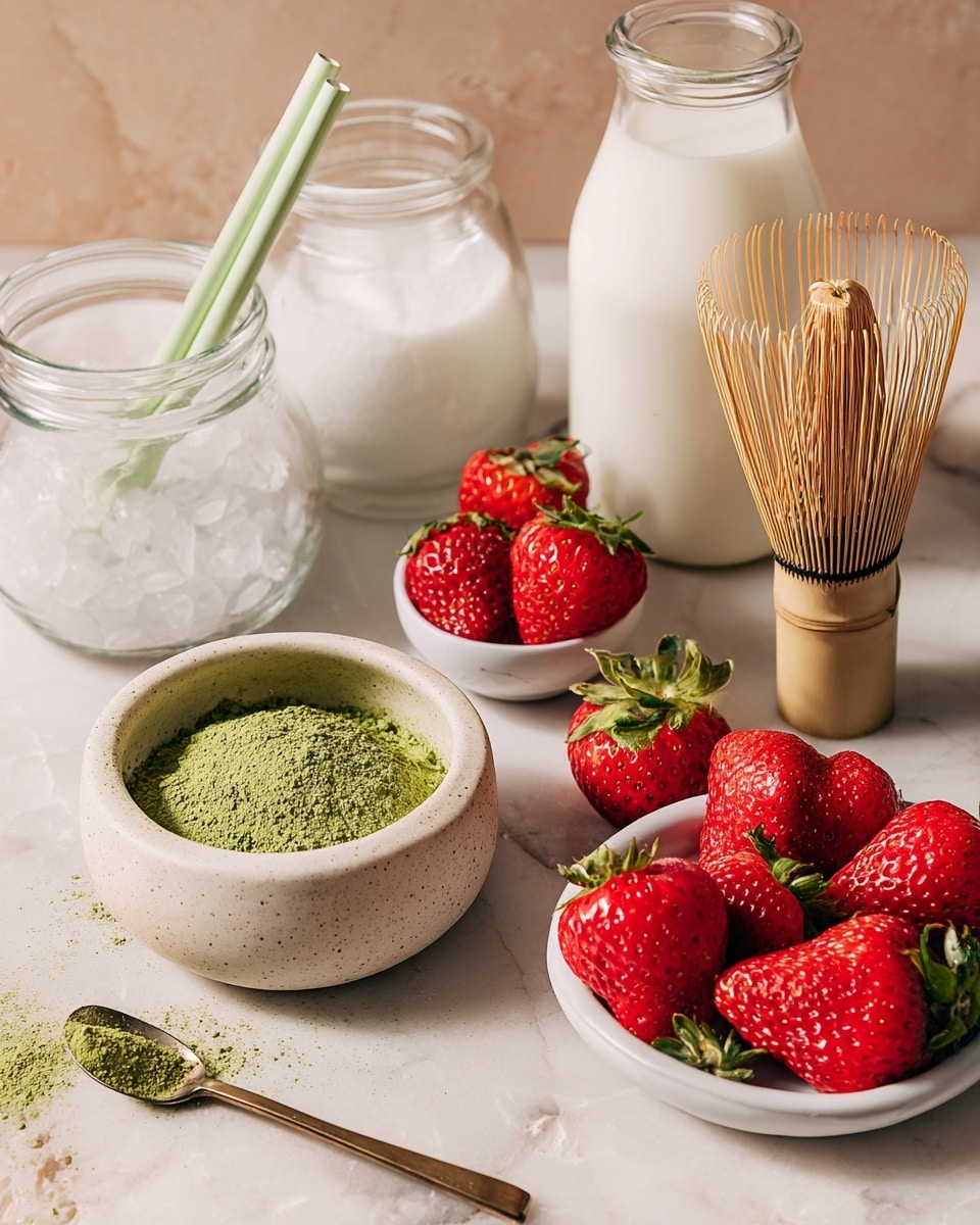The image shows a close-up of fresh matcha tea and strawberries arranged for a Japanese tea ceremony. In the center foreground, there is a small beige stone bowl filled with fine bright green matcha powder, with some powder lightly scattered around the bowl and on a bronze spoon resting in front. To the right, there is a white speckled bowl containing a bamboo whisk used for mixing matcha. Behind the matcha bowl, there is a glass jar filled nearly to the top with white fine sugar, and next to it is a clear glass bottle filled with white milk. On the right side of the image, there is a white bowl filled with whole and halved ripe red strawberries with green leafy tops visible, with a few strawberries placed on the white marbled surface around the bowls. In the left background, there is a glass filled with ice cubes and two pale green straws inside. The whole setup is on a white marbled surface with a soft warm light, making the colors vibrant and fresh. Photo taken with an iphone --ar 4:5 --v 7