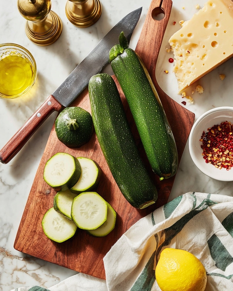 A wooden board lies on a white marbled surface with two long green zucchinis and one round zucchini, all with a shiny texture. The round zucchini's top is visible. Slices of light green zucchini with pale centers are spread on the bottom left side of the board. A large knife with a brown wooden handle rests diagonally on the board. To the left, a small glass container has golden olive oil. A brass pepper grinder is at the top right, near a wedge of pale yellow hard cheese with a textured rind. On the lower right side, a bright yellow lemon and a white bowl with red chili flakes are visible. A white cloth with green stripes is draped partially over the board on the right side. Photo taken with an iphone --ar 4:5 --v 7