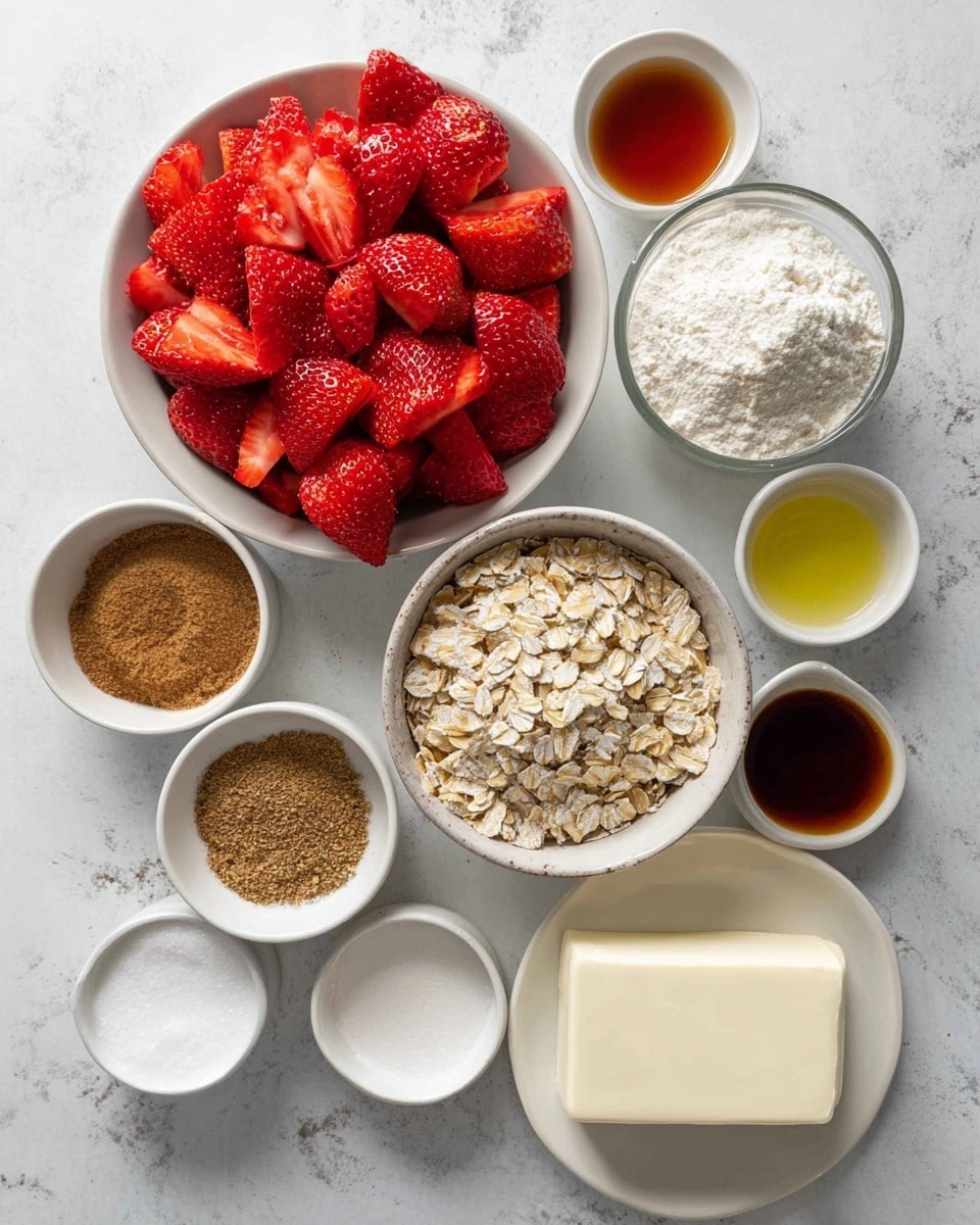 A white bowl filled with many cut bright red strawberries sits in the top left. Around it are small white bowls containing brown sugar, white powder, cinnamon, pale yellow lemon zest, clear liquid, and dark brown liquid. A larger clear bowl of white flour and a small bowl of rolled oats are near the bottom right. Below them is a white plate holding a block of cream cheese. All items are placed on a white marbled surface. photo taken with an iphone --ar 4:5 --v 7