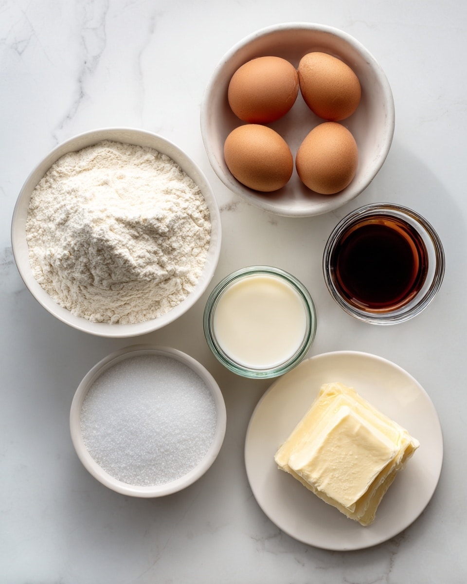 The image shows six baking ingredients arranged on a white marbled surface with crumpled texture: at the top left, a white bowl holds three brown eggs; directly below it is another white bowl filled with white flour which has a slightly uneven surface; to the right of the eggs is a small glass jar filled with milk, showing a creamy white color and smooth texture; below the jar is a tiny clear glass bowl containing a small amount of dark amber vanilla extract; to the right of the flour bowl sits a shallow white bowl of white granulated sugar; and at the bottom right is a small speckled white plate holding a pale yellow block of butter with soft edges, arranged neatly. photo taken with an iphone --ar 4:5 --v 7