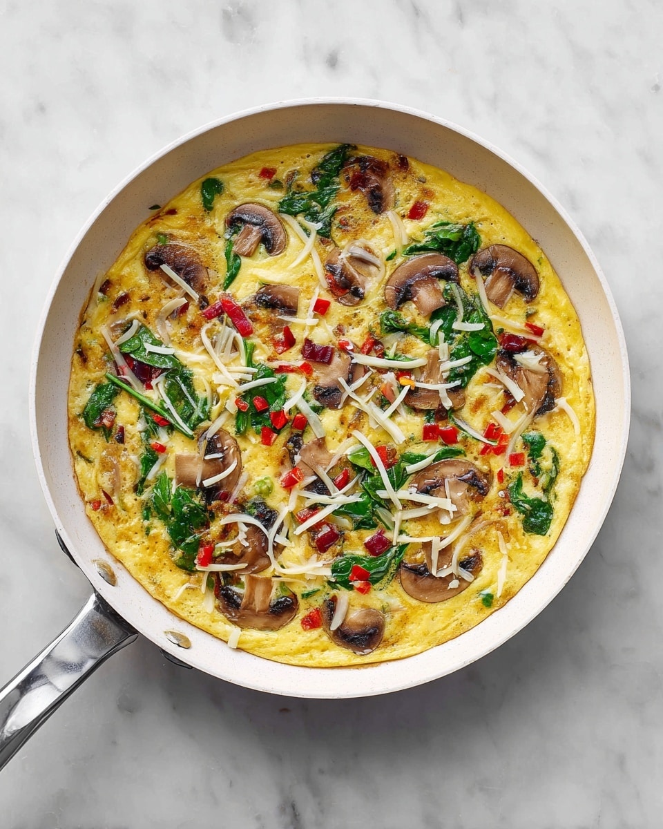 In a white frying pan on a white marbled surface, there is an uncooked egg mixture with visible layers of ingredients. The base layer is a smooth yellow egg batter with a creamy texture. Scattered evenly throughout are small pieces of dark brown mushrooms, bright green spinach leaves, and small red bell pepper chunks. Thin shreds of white cheese are spread over the mixture, adding a stringy texture. The ingredients are well mixed but still distinct, creating a colorful and fresh look within the pan. photo taken with an iphone --ar 4:5 --v 7