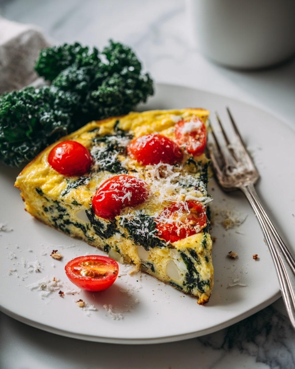 A white plate on a white marbled surface holds a slice of yellow egg omelet with visible small pieces of green spinach and mushrooms inside. The top of the omelet is decorated with red halved cherry tomatoes, a small green basil leaf, and tiny bits of white cheese. To the right of the omelet, there is a small pile of fresh dark green kale leaves, and a few whole red cherry tomatoes are scattered between the kale and omelet. A silver fork sits on the left edge of the plate. Photo taken with an iphone --ar 4:5 --v 7
