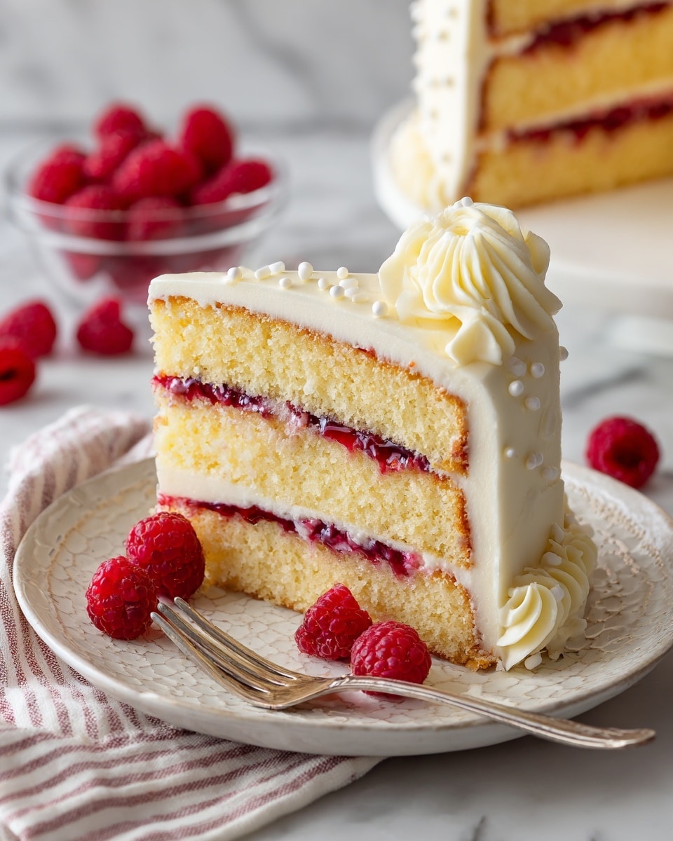 A round cake covered in smooth, pale yellow cream frosting with a textured, wavy pattern all around the sides; on top, there is a ring of thick, swirled cream frosting with bright red raspberries placed evenly inside the ring; the cake sits on a tall, silver metal cake stand, with red raspberries scattered on the white marbled surface and a folded red, white, and blue striped cloth underneath the stand; the background is a soft white marbled texture. Photo taken with an iphone --ar 4:5 --v 7