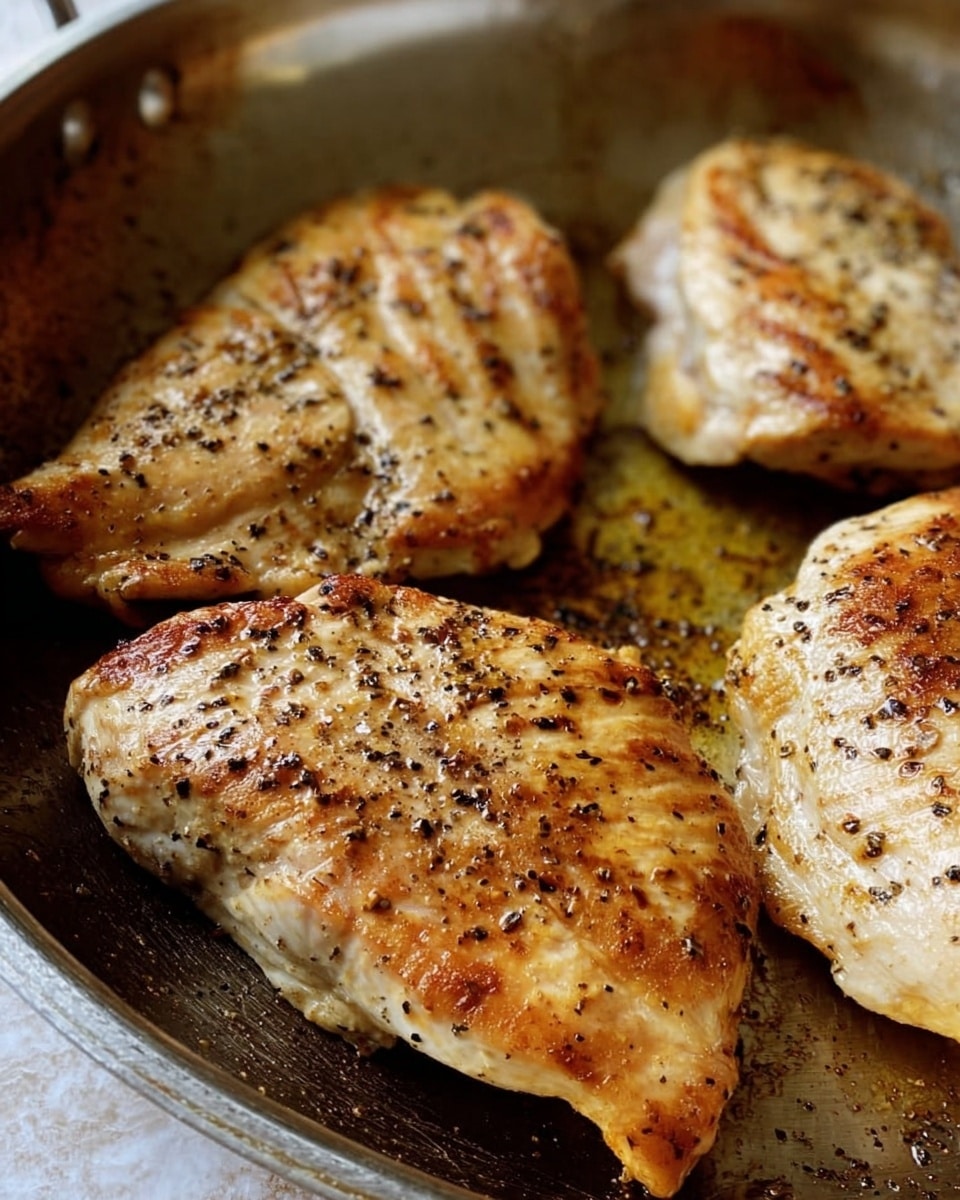 The image shows a close-up of four pieces of cooked chicken with light brown grill marks, sprinkled with black pepper. The chicken pieces have a golden, slightly shiny surface from cooking oil and are placed in a silver metal pan with a slightly worn texture and some caramelized spots. The background is a white marbled texture. photo taken with an iphone --ar 4:5 --v 7