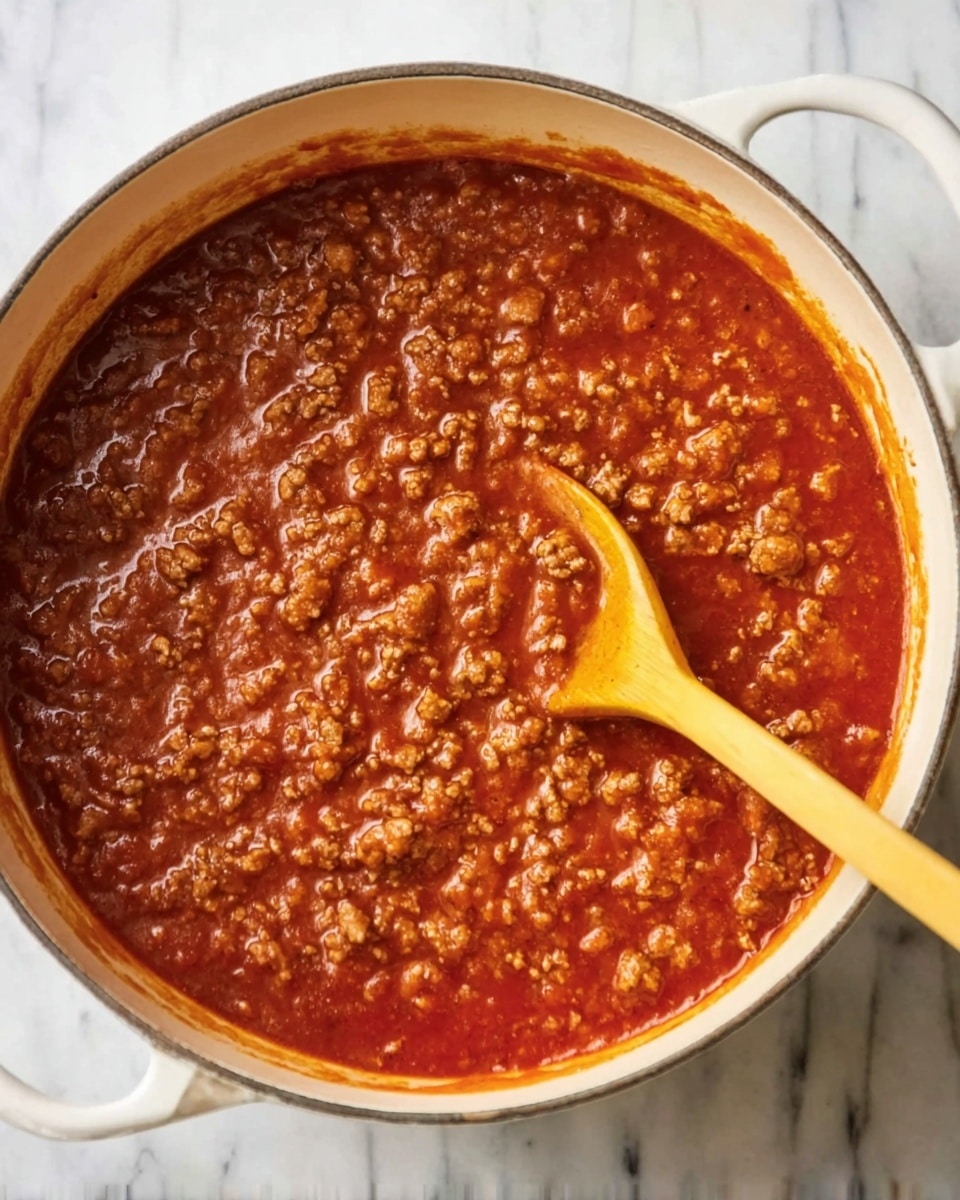 A round white pot filled with a thick red sauce mixed with small pieces of brown meat evenly spread throughout. A yellow wooden spoon rests inside the pot on the right side, partly submerged in the sauce. The pot is set on a white marbled surface. photo taken with an iphone --ar 4:5 --v 7
