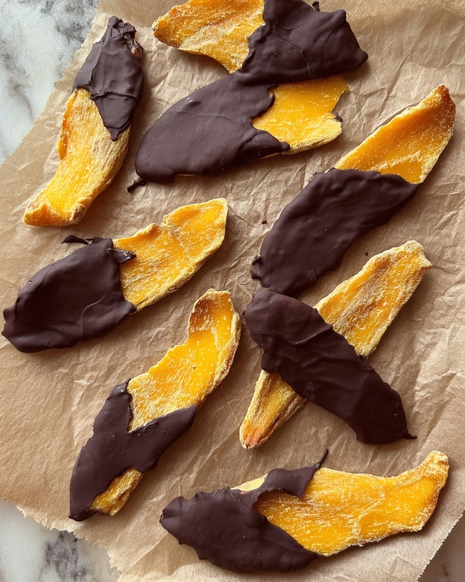 A close-up of a woman's hand holding a dried mango slice dipped halfway in smooth dark chocolate, showing one main slice in focus with a bright yellow-orange color on the undipped part and a dark brown chocolate coating on the dipped half. In the background, several similar mango slices dipped in chocolate rest on white parchment paper inside a baking tray, all sitting on a white marbled surface, with the photo softly blurred behind the main slice. Photo taken with an iphone --ar 4:5 --v 7
