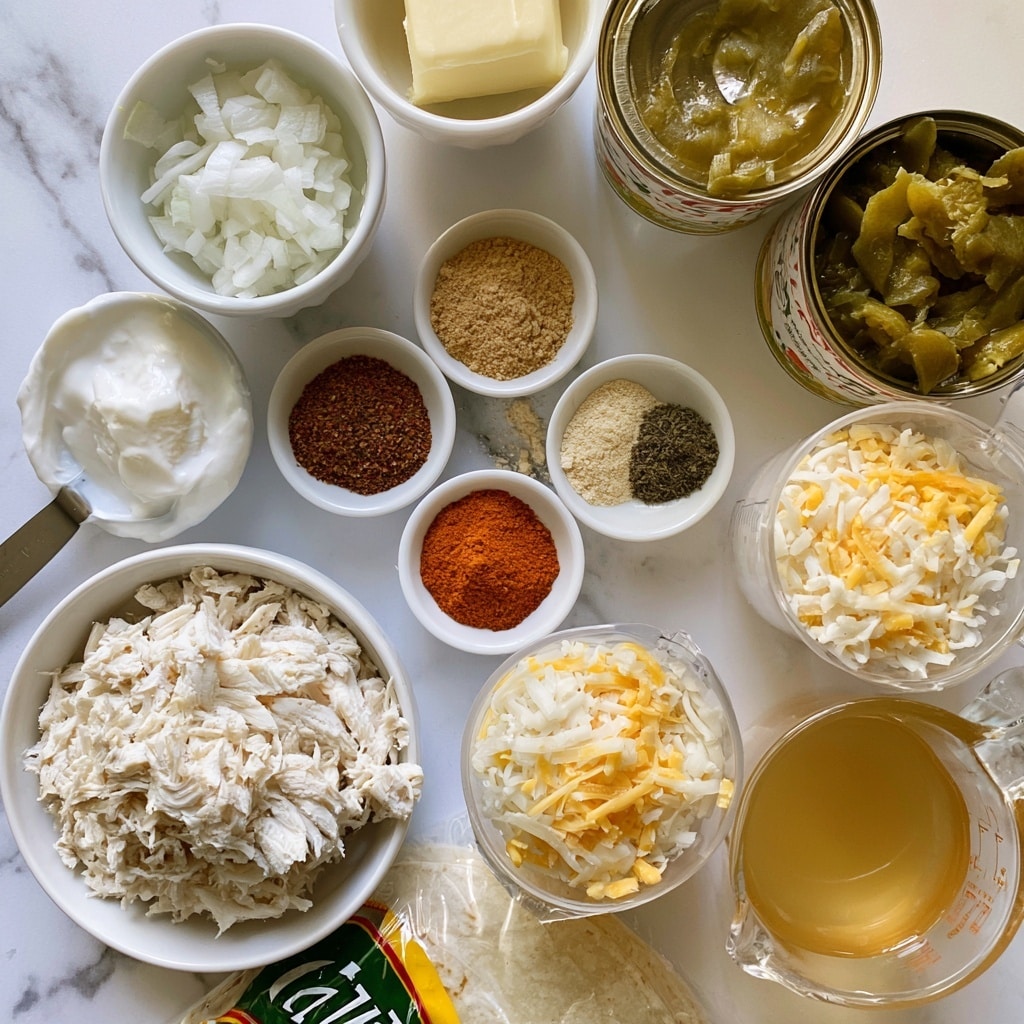 A top-down view of various ingredients placed on a white marbled surface, each in separate small white bowls or clear measuring cups. There is shredded white chicken in a large white bowl, chopped white onion in another bowl, and creamy white sour cream in a metal spoon. A small dish holds a square of pale yellow butter, while colorful small bowls contain different spices: reddish chili powder, brown ground cumin, orange smoked paprika, light beige garlic powder, beige onion powder, and dark green dried oregano. Opened can of green chilies shows soft green pieces. Two clear measuring cups hold a mix of shredded white and yellow Mexican cheese, and one has light golden chicken broth. A package of tortillas with green and yellow labels rests near the bottom. The lighting is bright and natural, emphasizing the fresh and vibrant colors of the ingredients. Photo taken with an iphone --ar 4:5 --v 7