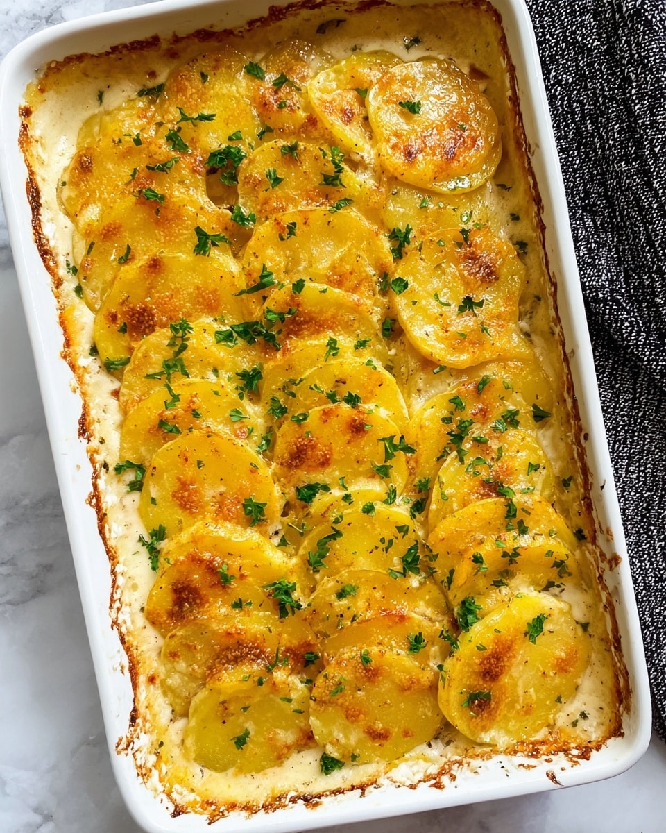 A white rectangular baking dish holds a layered potato gratin with around three rows of thin, yellow potato slices stacked slightly overlapping each other in a neat row. The top layer is golden brown and bubbly with melted cheese, giving it a slightly crispy texture, and fresh green parsley leaves sprinkled over the surface. Creamy sauce surrounds the potatoes at the edges, with some browning from baking. The dish is placed on a white marbled surface, with a textured black and white towel partly visible at the top right corner. photo taken with an iphone --ar 4:5 --v 7