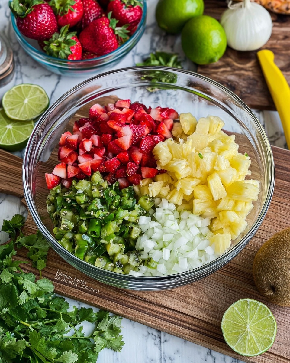 A clear glass bowl in the center is filled with five neat piles of chopped ingredients: bright red strawberries on the top left, light yellow pineapple fruit on the top right, white chopped onion on the bottom right, light green chopped kiwi on the bottom left, and dark green chopped jalapeño pepper in the middle. To the left of the bowl, fresh green cilantro leaves rest on a wooden cutting board. In the background, whole strawberries in a small clear bowl, half a green lime, a yellow kitchen utensil, some green herbs, a white onion half, and a brown kiwi fruit all sit on a white marbled surface. The photo is taken with an iphone --ar 4:5 --v 7