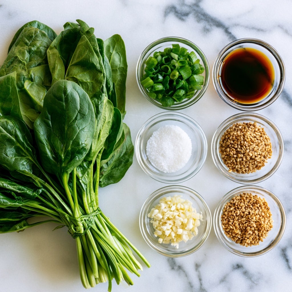 A bunch of fresh spinach with dark green leaves lies spread out on the left side, tied in the middle. To the right of the spinach, six small clear glass bowls are arranged in two rows on a white marbled surface. The top row bowls hold chopped bright green onion, amber-brown sesame oil, and dark brown soy sauce, from left to right. The bottom row bowls contain white salt, finely chopped off-white garlic, and toasted light brown sesame seeds, aligned below the top row. Each bowl is clear and shows the texture and color of its contents clearly. Photo taken with an iphone --ar 4:5 --v 7