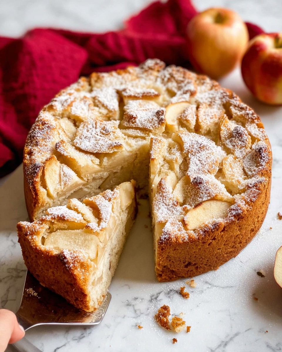 A round apple cake with a thick golden-brown crust and a soft, light beige inside filled with thin apple slices. The top layer shows beautifully baked apple pieces with a light dusting of powdered sugar and a touch of cinnamon, creating a slightly textured and swirled appearance. A slice has been removed, revealing the inside texture with visible chunks of apples slightly sticking out. The cake sits directly on a white marbled surface with some crumbs scattered around. A woman's hand is holding a silver cake server behind the cake on the right side. There are fresh apples and a red cloth on the white marbled background. photo taken with an iphone --ar 4:5 --v 7
