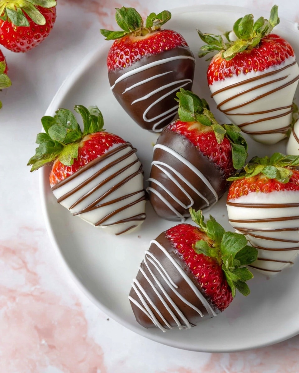 The image shows several fresh strawberries, some fully red and some dipped in chocolate, arranged on a white round plate placed on a white marbled surface. The strawberries dipped in chocolate have two different layers: one with a smooth white chocolate covering and dark chocolate drizzles on top, and the other with dark chocolate covering and white chocolate drizzles on top. The green leaves on the strawberries add a fresh touch and the pink background contrasts softly with the white plate and chocolate-covered strawberries. Photo taken with an iphone --ar 4:5 --v 7