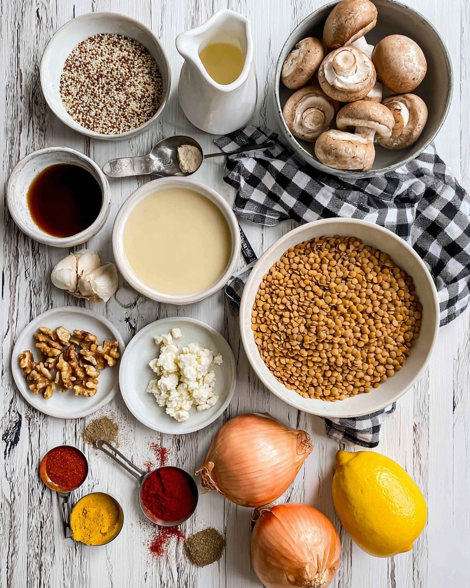 The image shows an arrangement of raw ingredients on a white marbled surface, including a large white bowl full of light brown lentils on the right, two whole yellow onions at the bottom right, and a small white bowl with whole brown mushrooms above the onions. To the left of the mushrooms is a white bowl with mixed quinoa seeds, and a small white bowl filled with a dark liquid below it. A small white bowl of ground spices is at the bottom left, containing red, yellow, green, and brown powders. Nearby are scattered garlic cloves. A white pitcher filled with a light cream-colored liquid sits near the center, next to a small white bowl of yellow oil. A black and white checkered cloth is placed under a grey bowl filled with walnuts and a metal measuring cup holding crumbled white cheese. A silver spoon with bright red powder rests on the surface near the middle. A bright yellow lemon is placed near the lower left corner. The photo is taken with an iphone --ar 4:5 --v 7