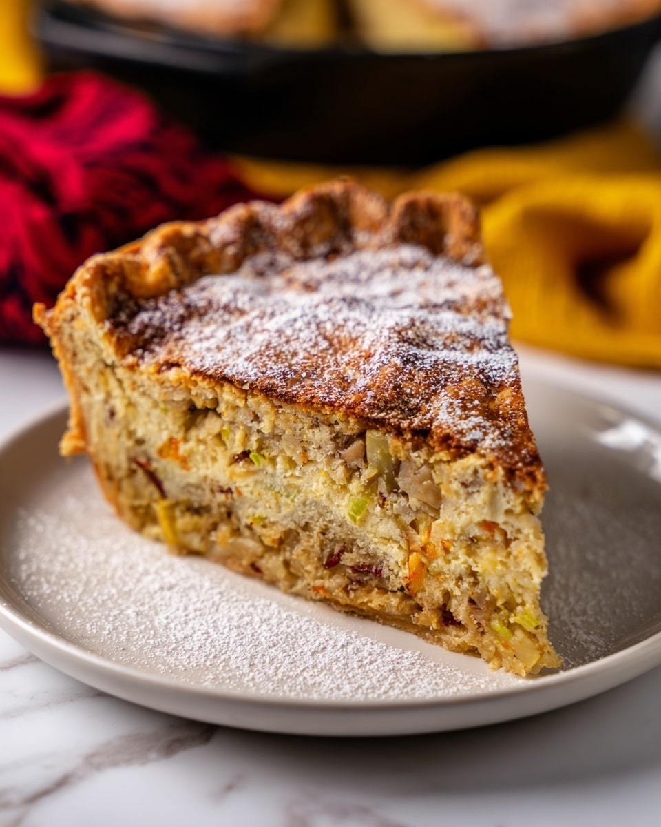 A slice of layered pie sits on a white plate over a white marbled surface. The pie has three main layers: the top is a golden, flaky crust with a light dusting of powdered sugar and cinnamon, the middle is filled with a textured mix of cooked vegetables that show orange, green, and brown flecks, and a bottom crispy crust similar in color to the top. The crust layers are light, flaky, and appear crisp, while the vegetable filling looks moist and chunky. In the blurred background, parts of a black pan and some yellow and red cloth are visible. Photo taken with an iphone --ar 4:5 --v 7