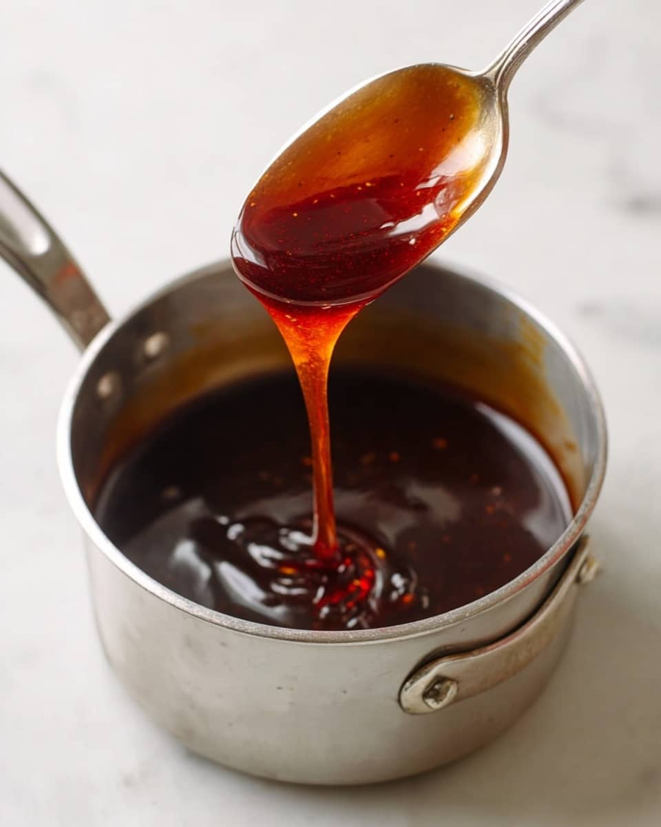A small silver pot sits on a white marbled surface, filled with a dark amber liquid sauce that has a shiny, smooth texture. A woman's hand holds a silver spoon above the pot, with the sauce dripping slowly off the spoon in a thick, rich stream, showing its sticky and glossy consistency. The sauce has a deep brown color with hints of red and orange as the light shines through it. Photo taken with an iphone --ar 4:5 --v 7