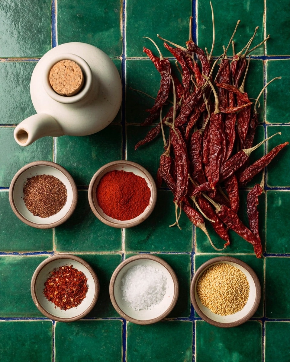 The image shows a collection of dried spices arranged on a green tiled surface. In the center, there is a pile of long, wrinkled red dried chilies with stems attached. Around the chilies, six small white bowls hold different spices and salts: from left to right, a bowl with bright red powder, a bowl with darker red chili flakes, another with deep brown-red ground spice, a bowl with coarse white salt, and two bowls with golden crushed flakes. A white ceramic jug with a cork stopper is placed at the top left corner. The tiles underneath are green and glossy with visible grout lines between them. photo taken with an iphone --ar 4:5 --v 7