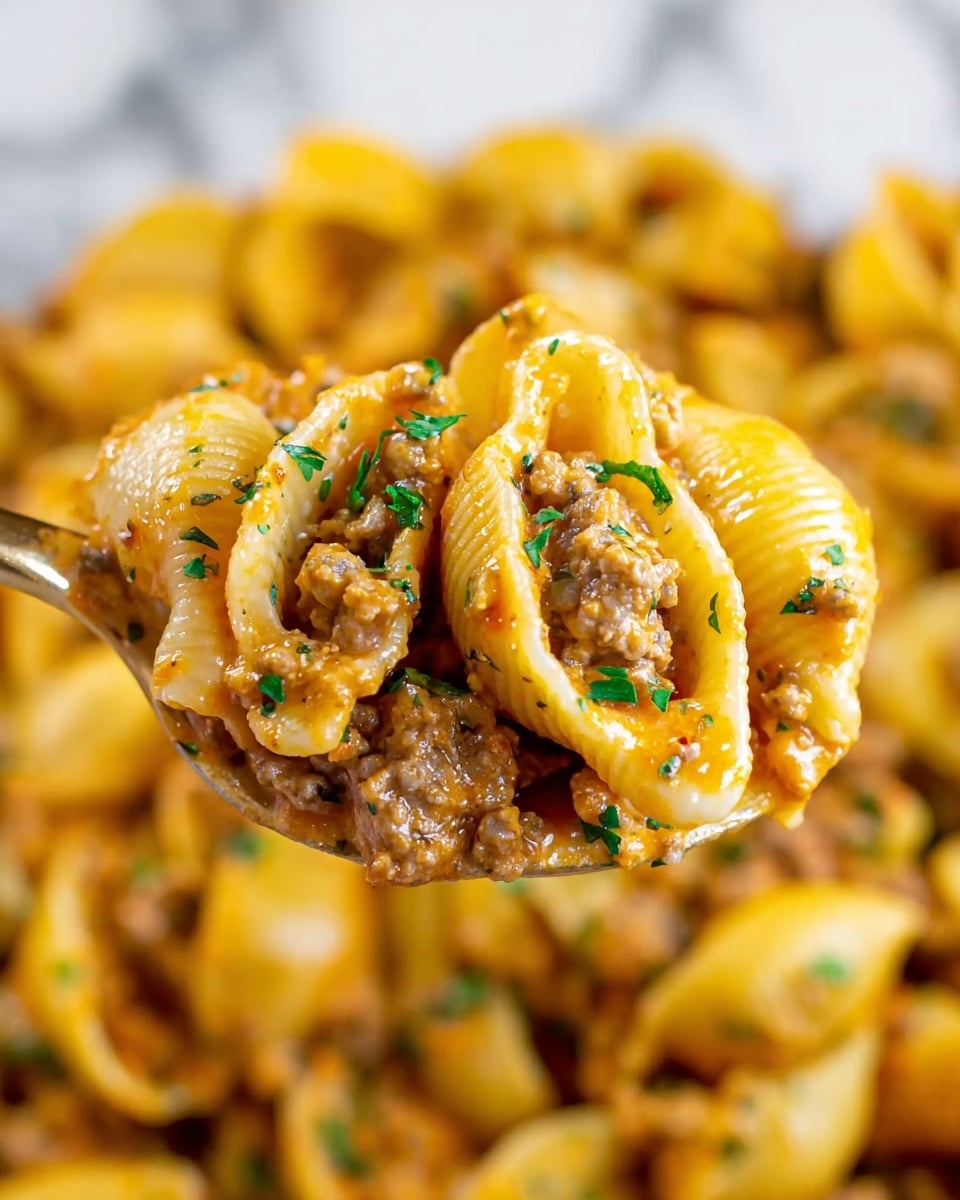 The image shows a close-up of a spoon full of pasta shells mixed with a creamy, light orange sauce, and small pieces of cooked ground meat scattered throughout. The pasta shells are yellow with a smooth, slightly shiny texture, coated evenly with the sauce. Bits of finely chopped green herbs are sprinkled on top, adding touches of color. The background is blurred, filled with more of the same pasta dish, all sitting on a white marbled surface. Photo taken with an iphone --ar 4:5 --v 7