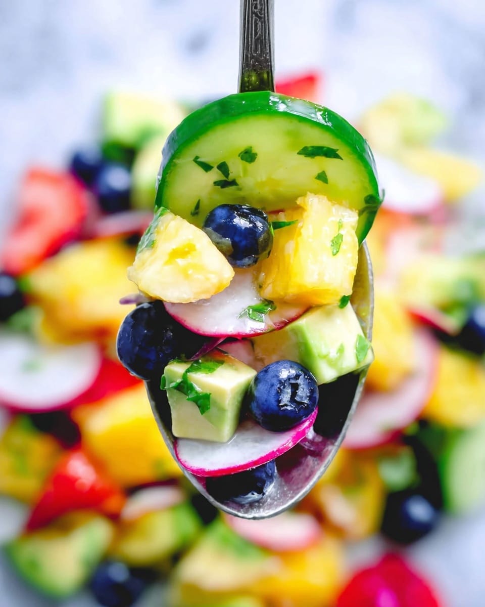 A close-up view of a spoon holding a fresh mixed salad with five visible layers: the bottom layer has thin white and red slices of radish, followed by small dark blue blueberries, next is light green cubes of avocado, then bright yellow chunks of pineapple with small green bits of herbs on top, and at the very top, there is a curved green cucumber slice with a smooth texture. The background shows more of the same colorful salad on a white marbled surface. Photo taken with an iphone --ar 4:5 --v 7