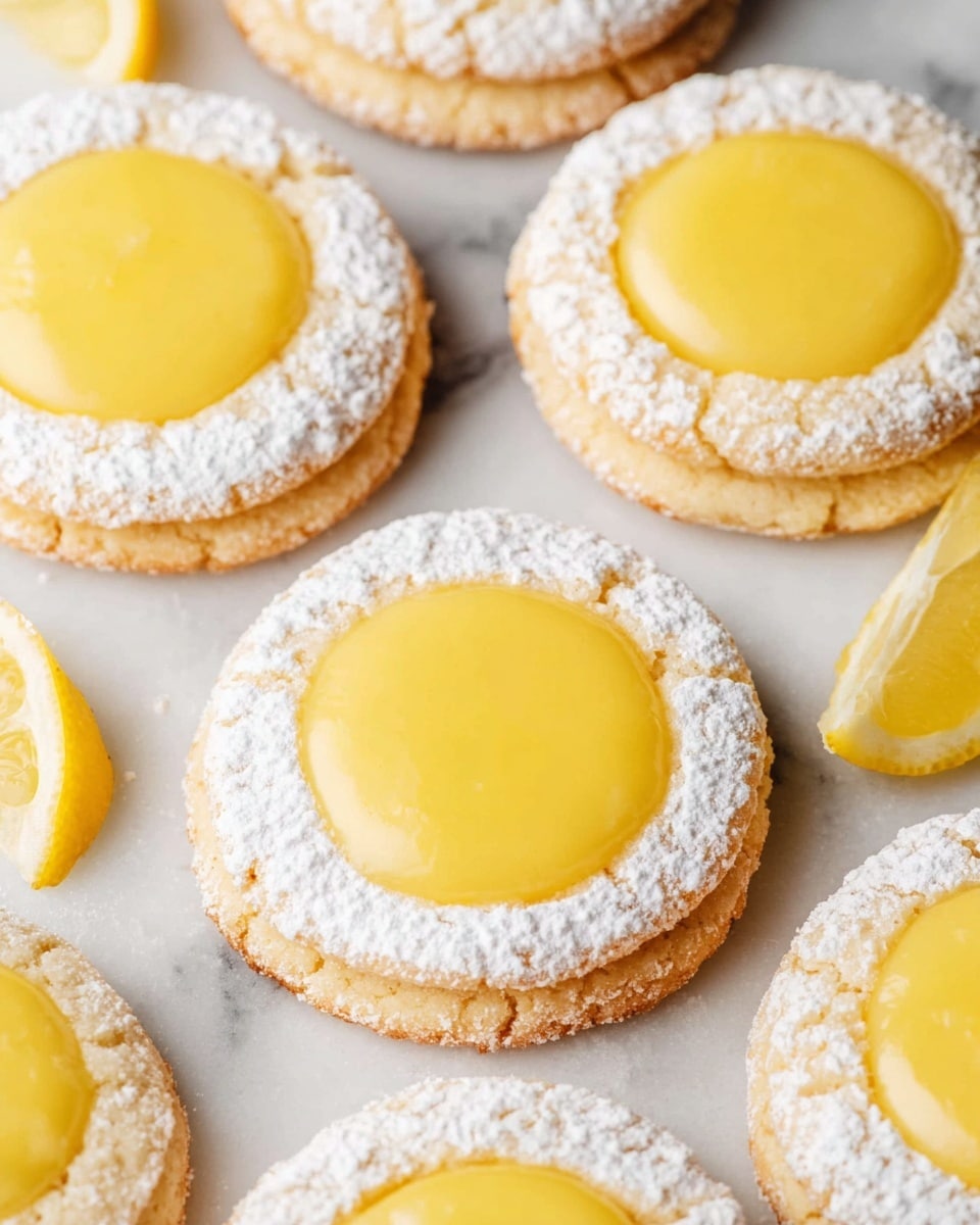 The image shows several round lemon cookies laid out on a white marbled surface. Each cookie has two layers: the bottom layer is a light golden-brown baked cookie with a soft texture, while the top layer is a smooth, glossy lemon-yellow filling that sits in the center, leaving a powdered sugar-dusted rim around the edges. The powdered sugar on the rim gives a snowy white contrast to the yellow filling. Scattered among the cookies are a few bright yellow lemon wedges, adding extra color and freshness to the scene. photo taken with an iphone --ar 4:5 --v 7