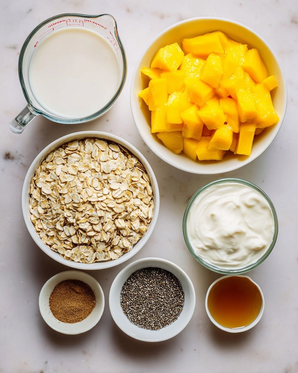 The image shows several small white bowls and a clear measuring cup arranged on a white marbled surface. The top left has a clear measuring cup filled with white milk. Next to it on the right, there is a white bowl filled with bright yellow, chopped mango pieces. Below the mango bowl, another white bowl is filled with light brown rolled oats. To the right of the oats, a small clear bowl contains a dark amber liquid, likely vanilla extract. Below these, a clear bowl filled with thick, creamy white yogurt is visible. At the bottom, two small white bowls contain brown cinnamon powder and small black and white chia seeds. The items are neatly placed and well-lit, emphasizing their fresh and natural textures. photo taken with an iphone --ar 4:5 --v 7
