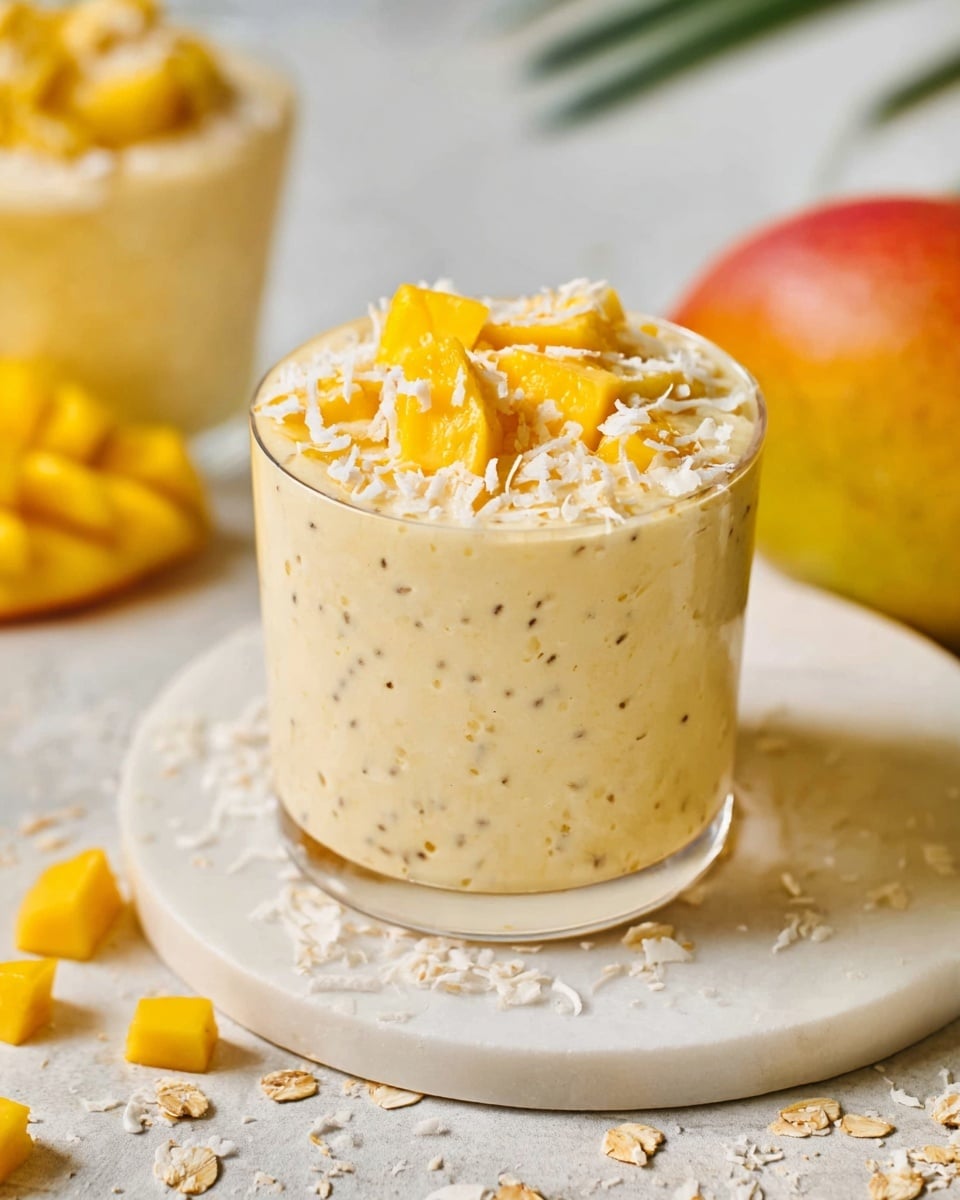A clear glass cup shows three layers: a base layer of creamy light beige chia pudding mixed with visible small chia seeds, topped with small bright yellow mango chunks, and a final sprinkle of toasted coconut flakes that are light brown and slightly crispy. A silver spoon holds a scoop of the pudding with mango chunks above the cup. The cup sits on a white marbled surface with scattered oats and coconut flakes around. In the background, part of a yellow cloth and a blurred mango add color. Photo taken with an iphone --ar 4:5 --v 7