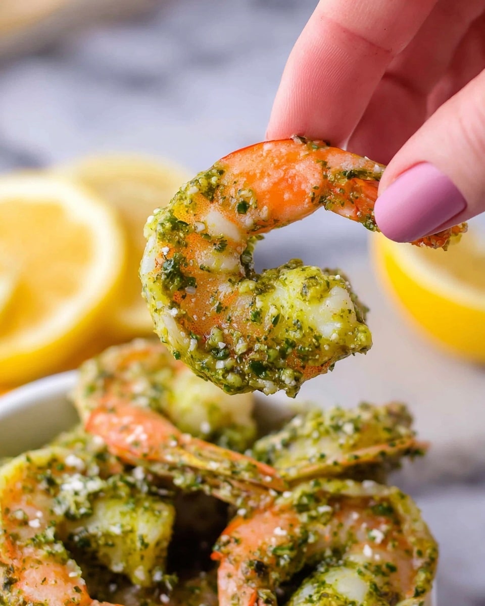 A woman's hand holding a shrimp coated in green sauce with visible specks of herbs and sprinkled with white bits, showing the shrimp’s pink and white texture under the sauce. In the background, there are more shrimp covered in the same green sauce in a white bowl, resting on a white marbled surface with lemon slices around. The image captures a close-up of one shrimp with a sharp focus on its detailed texture and sauce. photo taken with an iphone --ar 4:5 --v 7