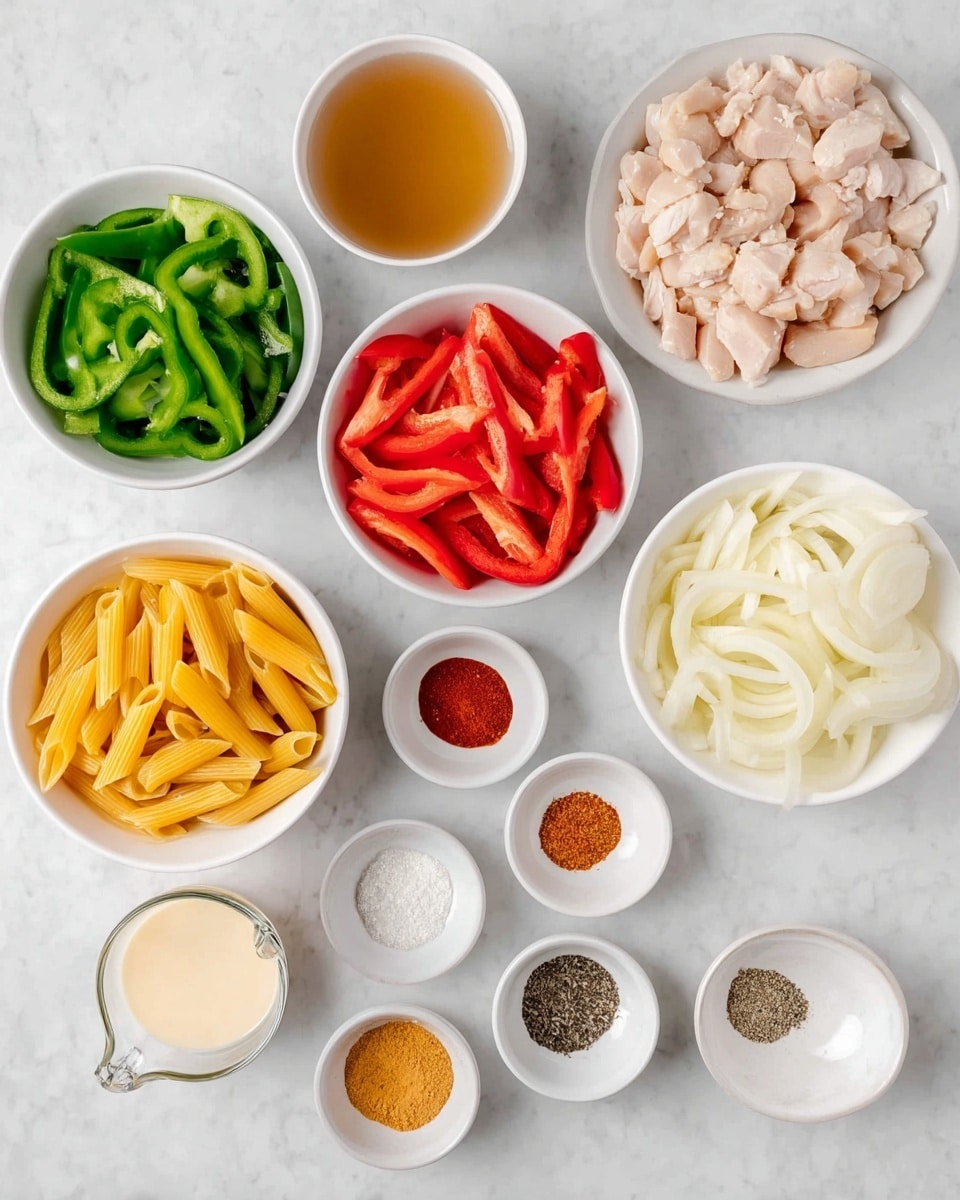 A top view of eight white bowls and six small white dishes arranged on a white marbled surface. The bowls contain sliced green bell peppers, uncooked penne pasta, sliced red bell peppers, plain raw diced chicken, sliced white onions, shredded cheddar cheese, vinegar, and a measuring cup with light brown liquid. The small dishes hold various spices in different colors and textures including red paprika, black pepper, brown cumin, granulated garlic powder, salt, and minced fresh garlic. At the bottom left corner, a measuring cup of cream is partially visible. photo taken with an iphone --ar 4:5 --v 7
