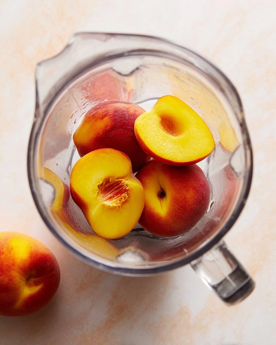 The image shows five peach pieces with red and yellow skin sitting inside a clear blender jar. The peach pieces have a smooth texture and bright yellow flesh, with some showing the seed pit. Around the blender on the white marbled surface, there is a whole peach visible in the background, adding depth. The scene is bright, with soft natural light highlighting the fresh fruit and the clear, glossy blender walls. Photo taken with an iphone --ar 4:5 --v 7