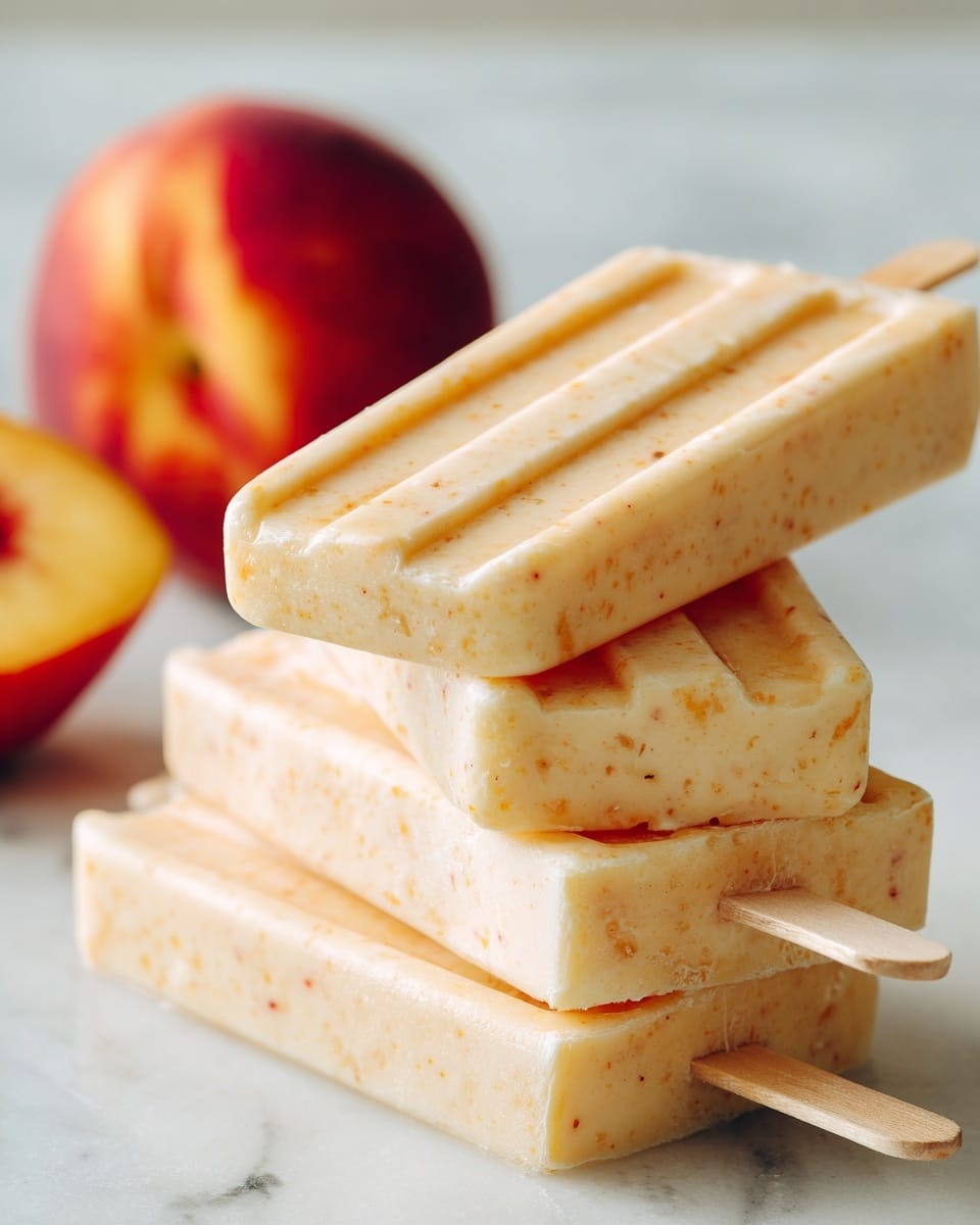 A group of creamy peach popsicles with a light orange color and tiny peach specks are stacked on a white marbled surface. The popsicles have a rectangular shape with four long, narrow grooves on top and visible wooden sticks at the bottom. In the background, a whole peach with red and yellow skin is placed softly out of focus. The image has a soft natural light that highlights the smooth texture of the popsicles and the skin of the peach. photo taken with an iphone --ar 4:5 --v 7