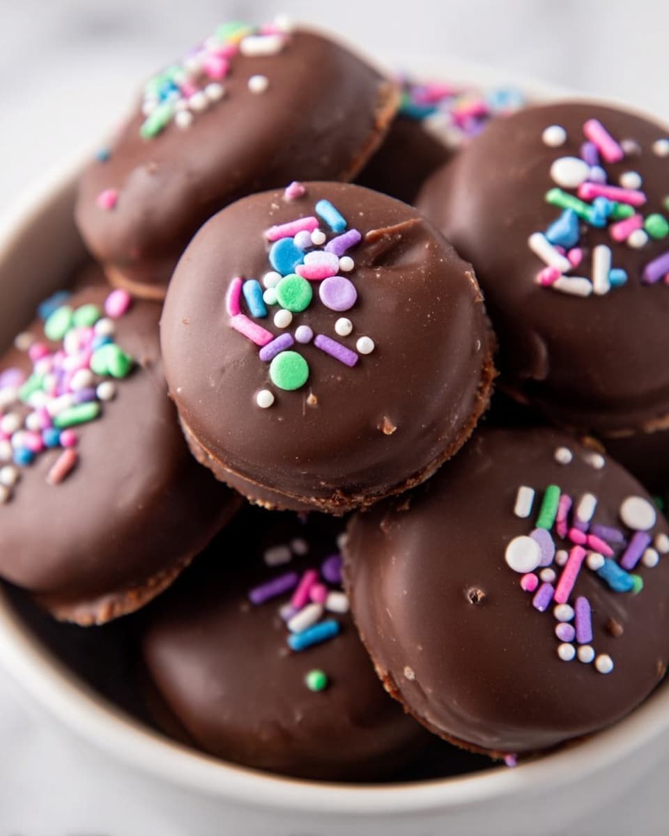 A close-up view of round chocolate treats, each covered in a smooth, glossy dark chocolate layer. The top of each treat is decorated with small, colorful candy sprinkles in various shapes like dots and rods, featuring bright colors such as pink, blue, green, white, and purple. These treats are piled together in a white bowl with soft lighting that highlights the texture of the chocolate and the vibrant sprinkles. The background is a white marbled surface, giving a clean and fresh look. photo taken with an iphone --ar 4:5 --v 7
