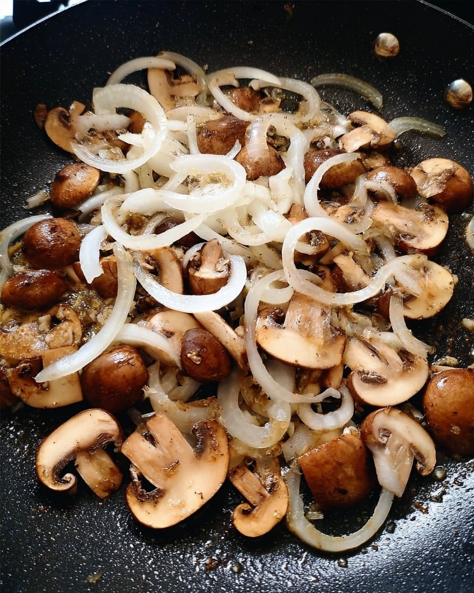A black pan filled with two main layers of food: the bottom layer has mostly halved and some whole brown mushrooms with a smooth and slightly shiny texture, and on top there are thin, translucent white onion slices scattered throughout. The pan surface has some small bubbles and a bit of shining oil, giving a cooked look to the ingredients. Photo taken with an iphone --ar 4:5 --v 7