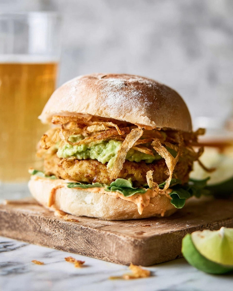 A sandwich is shown with a soft, round bread bun on top and bottom, both lightly dusted with flour. Inside, there is a green leafy layer above a thick, golden-brown patty with a slightly crispy texture. On top of the patty is a chunky green spread, likely avocado, and above that are thin, crispy fried onion strips that spill out slightly around the edges. At the bottom, under the patty, is a creamy light orange sauce spread on the bread, with a few green leaves beneath it. The sandwich sits on a wooden board with some crumbs and a lime wedge beside it. The background is a white marbled surface with a blurred glass of light amber drink in the background. photo taken with an iphone --ar 4:5 --v 7